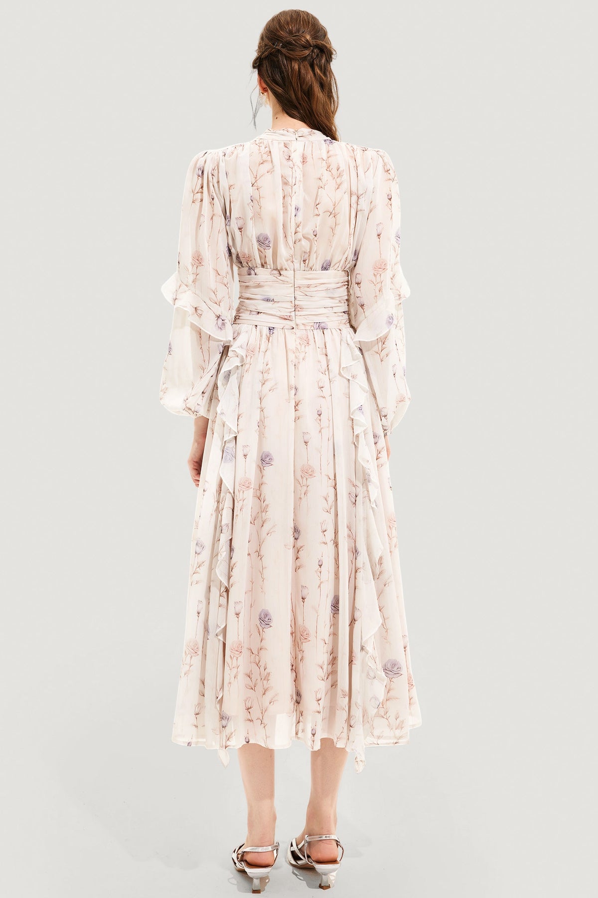 Floral Round Neck Puff Sleeve Midi Dress