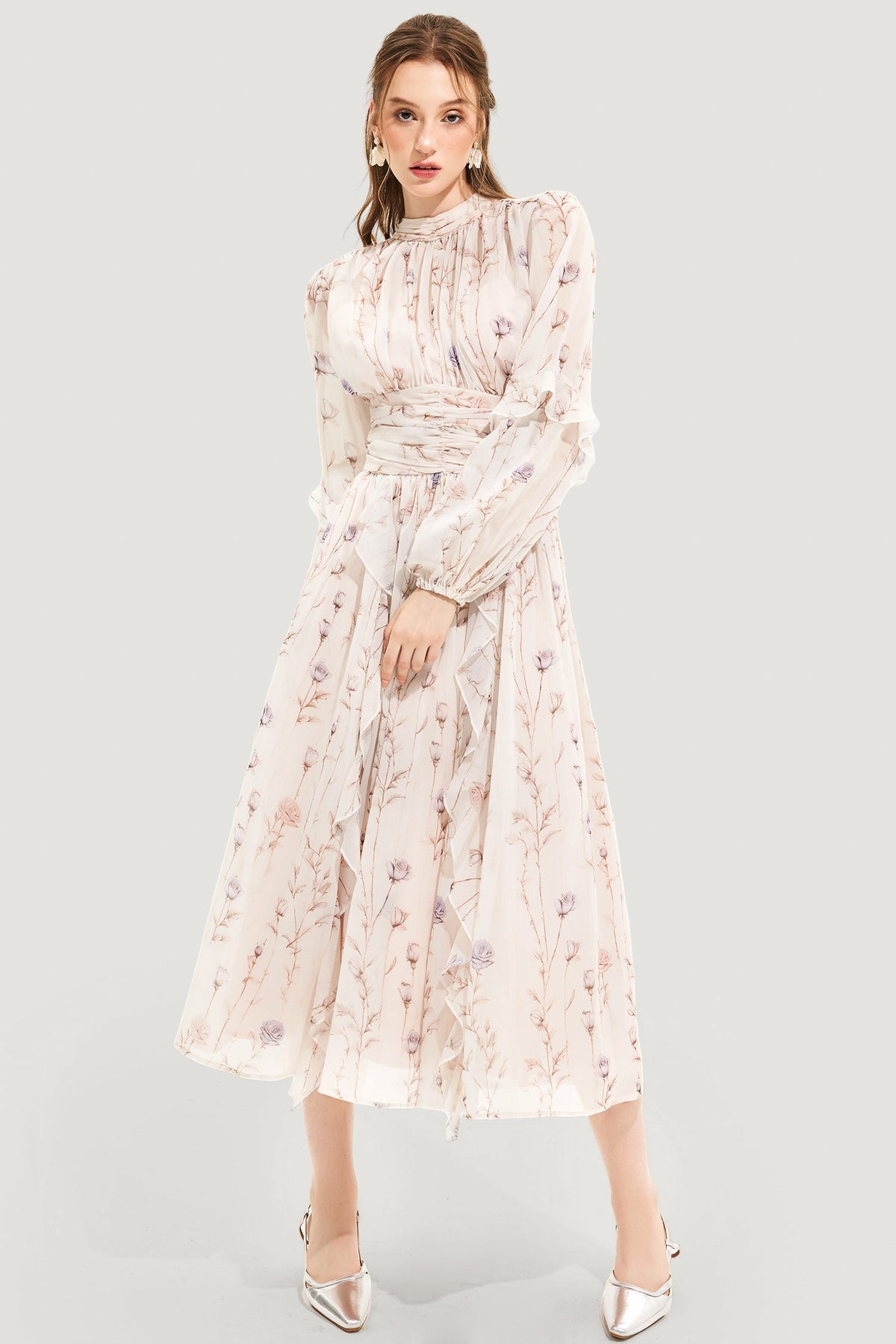 Floral Round Neck Puff Sleeve Midi Dress