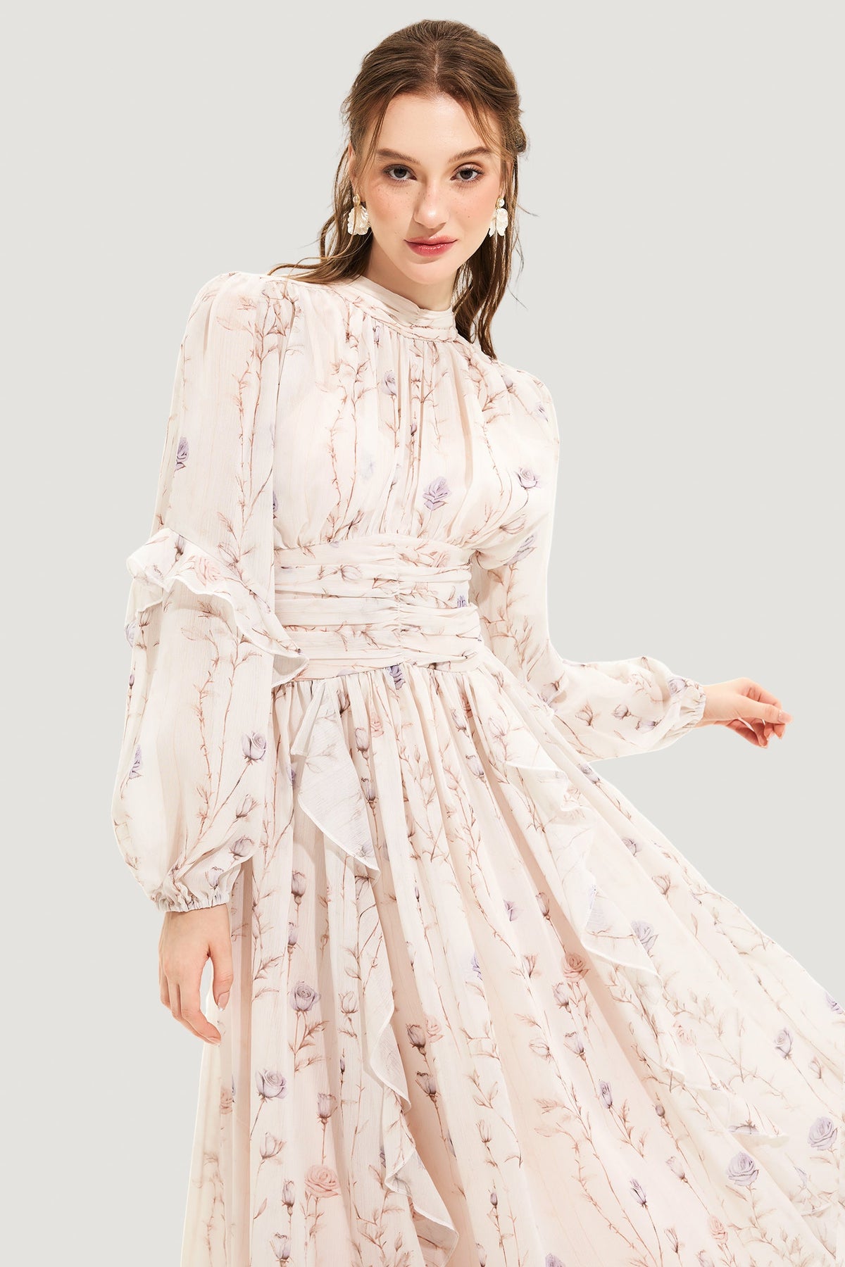 Floral Round Neck Puff Sleeve Midi Dress
