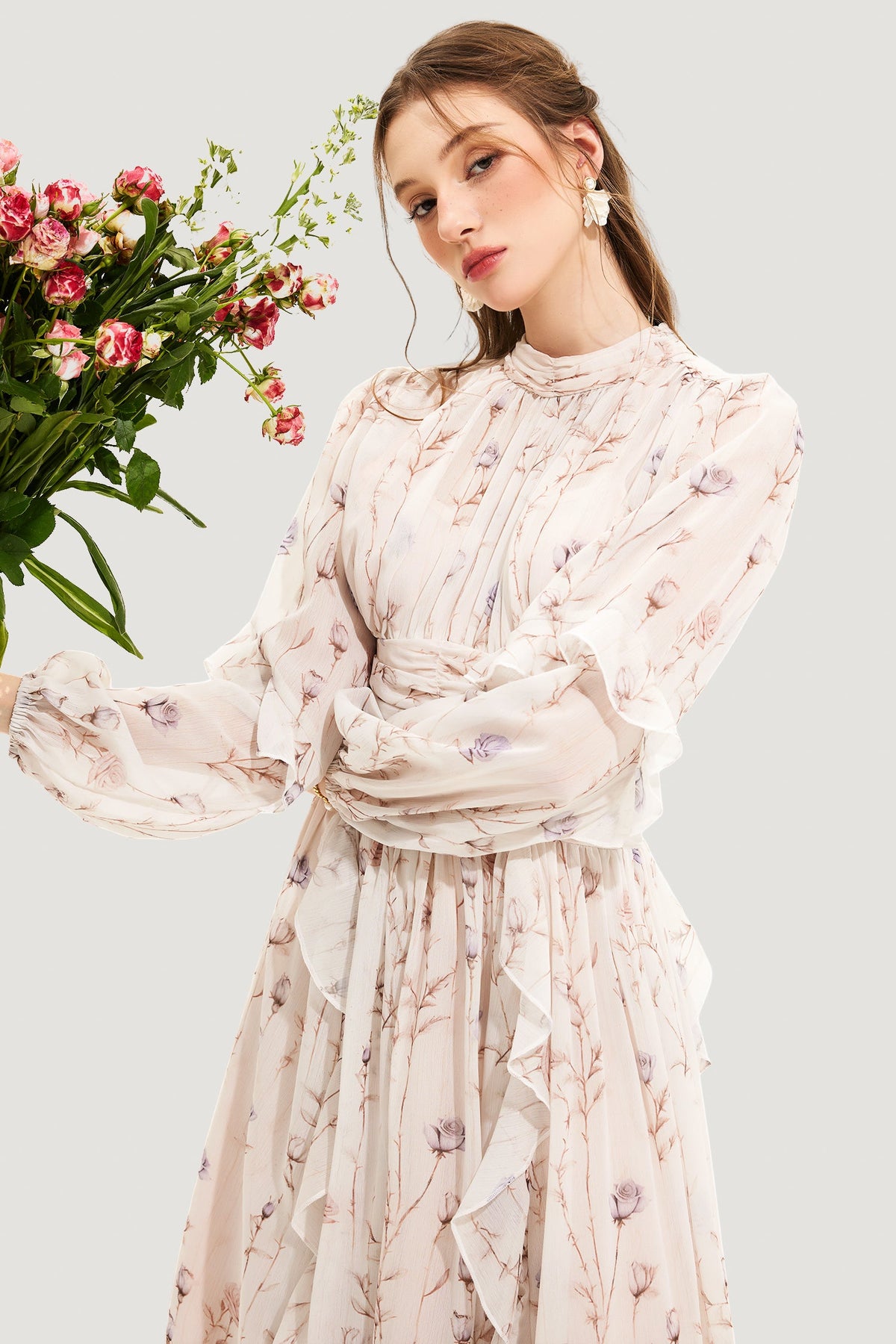 Floral Round Neck Puff Sleeve Midi Dress