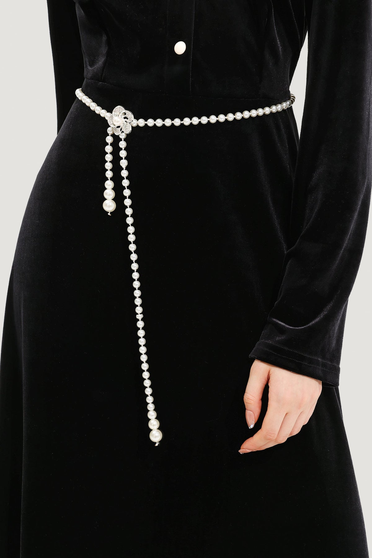 Floral Metal Pearl Waist Chain Silver