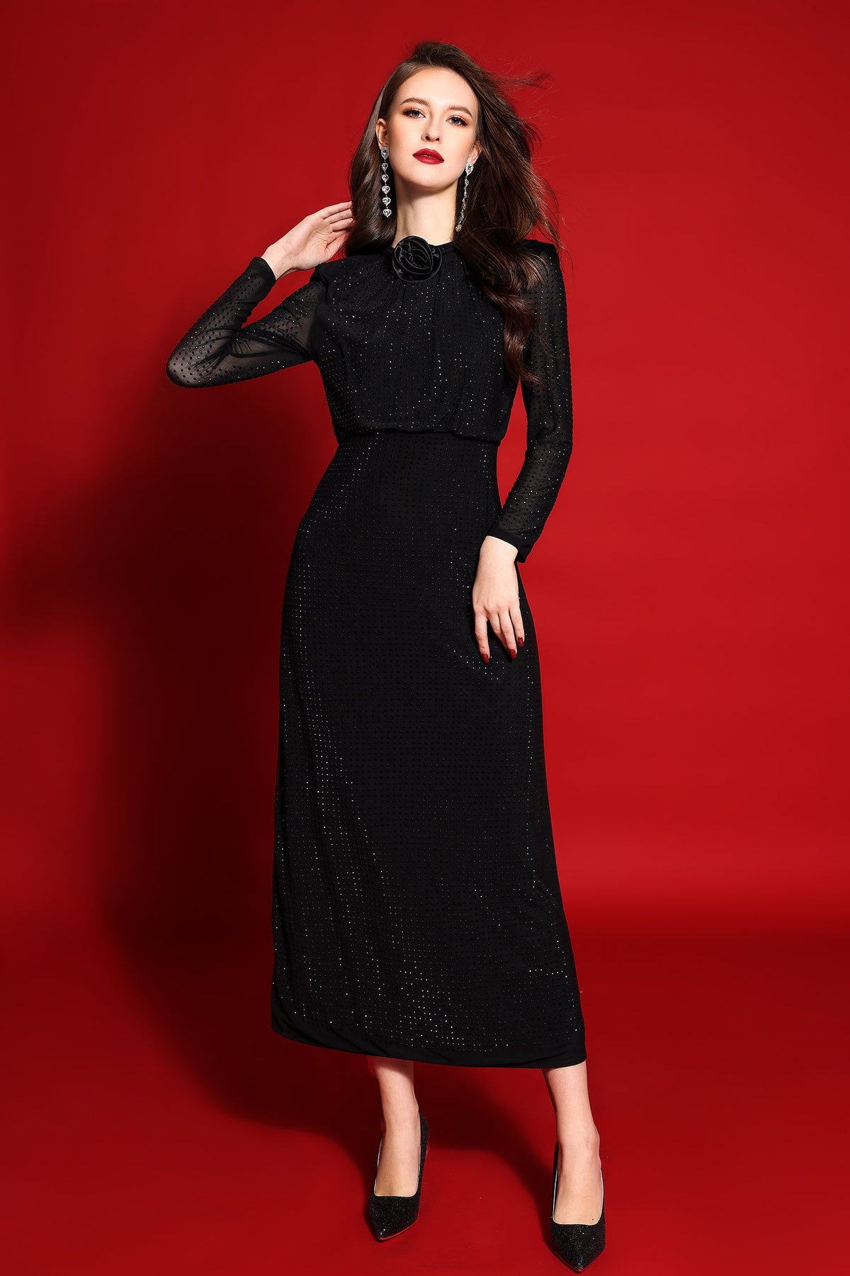 Rhinestone Stand Collar Solid Mermaid Maxi Dress