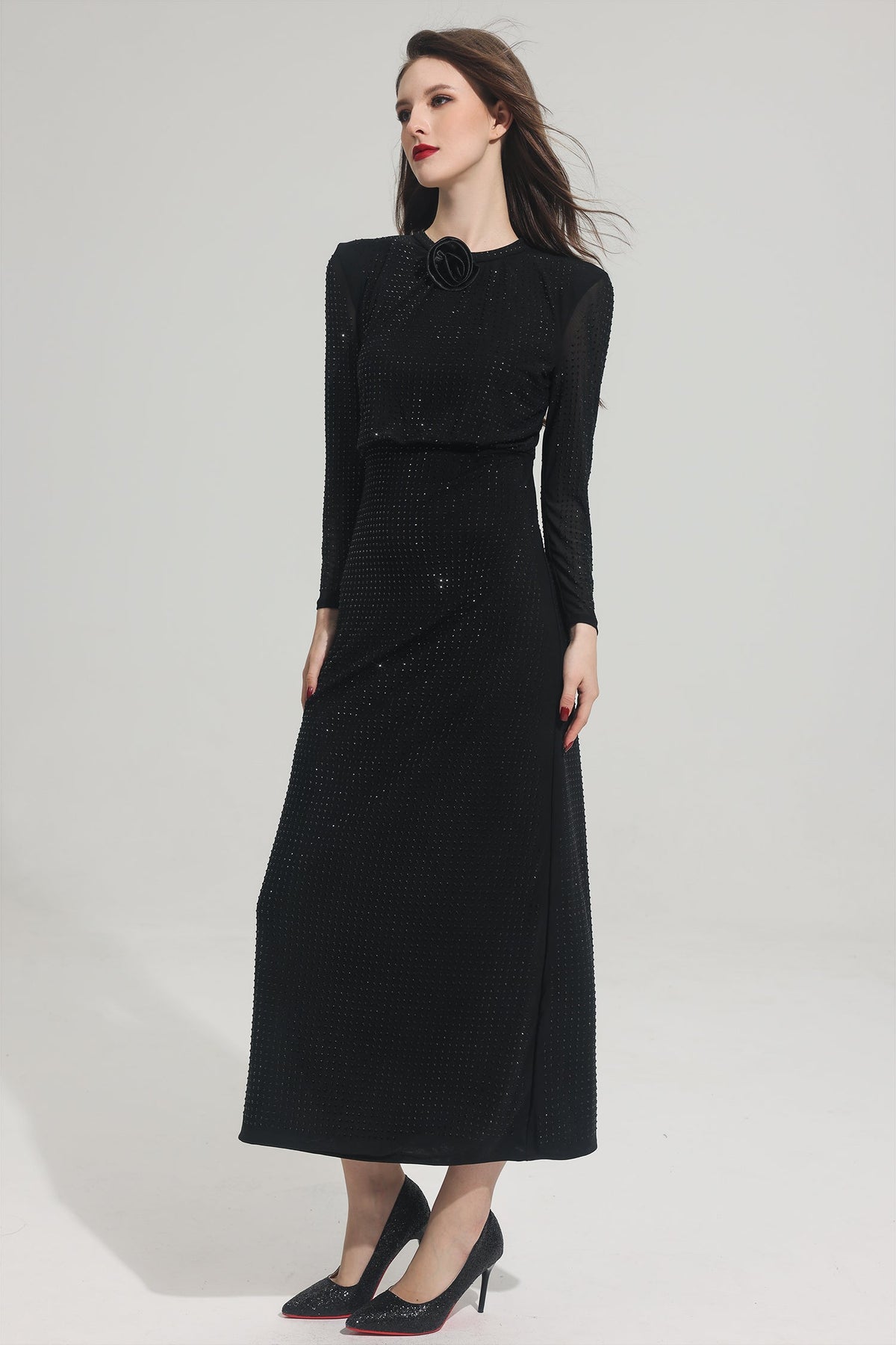 Rhinestone Stand Collar Solid Mermaid Maxi Dress
