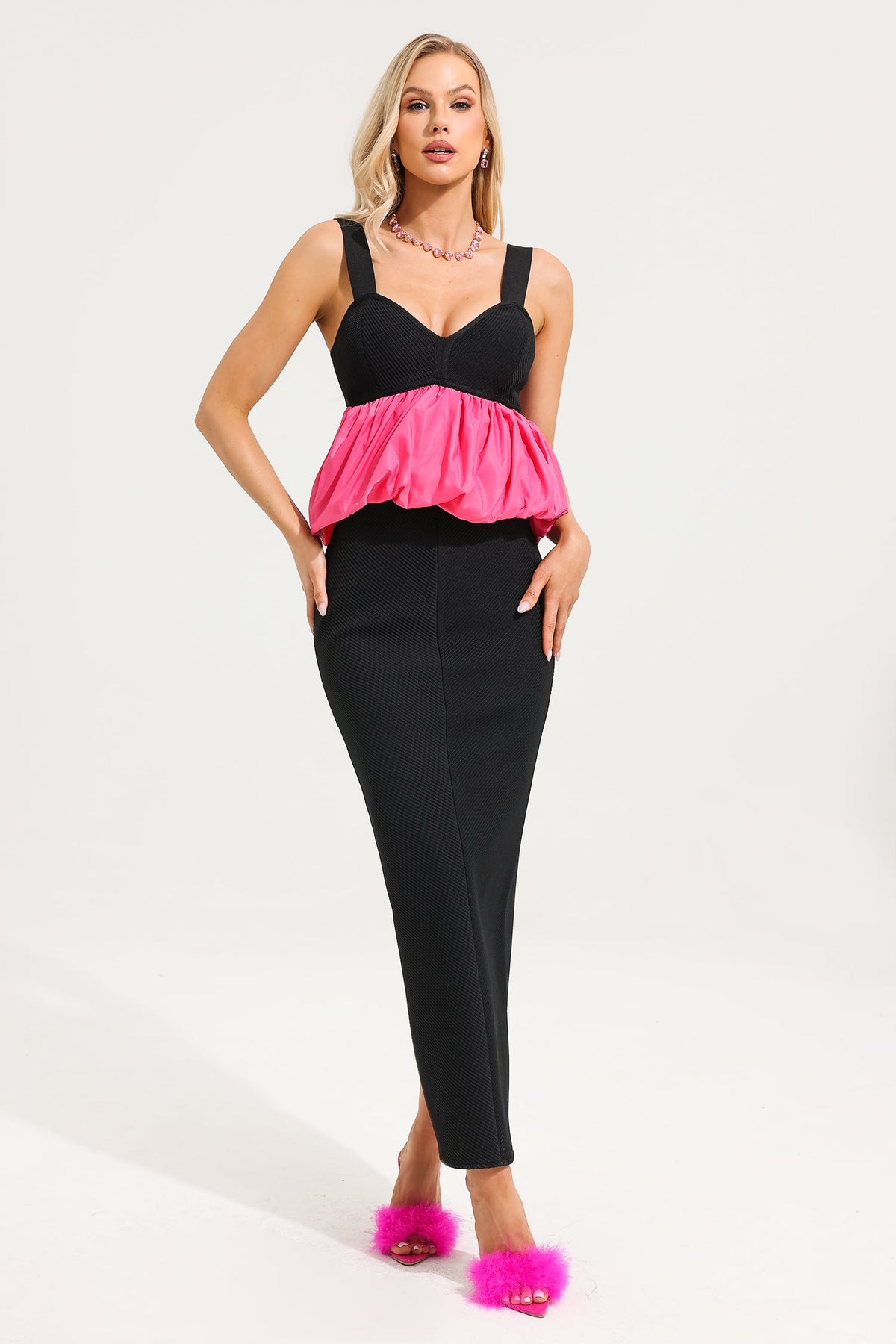Knit Cami Maxi Dress With 3D Flower Choker