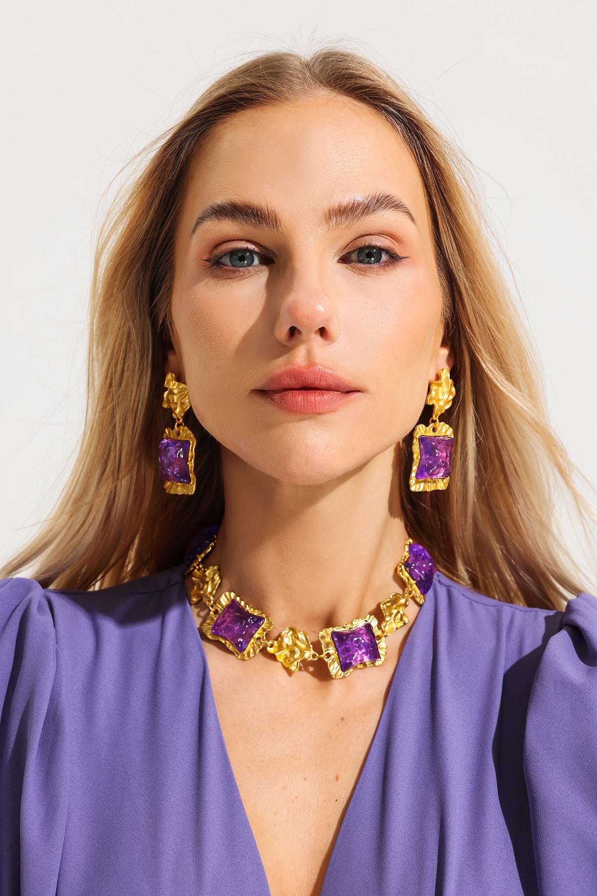 Square Dimentional Purple Acrylic in Gold Tone Earrings & Necklace