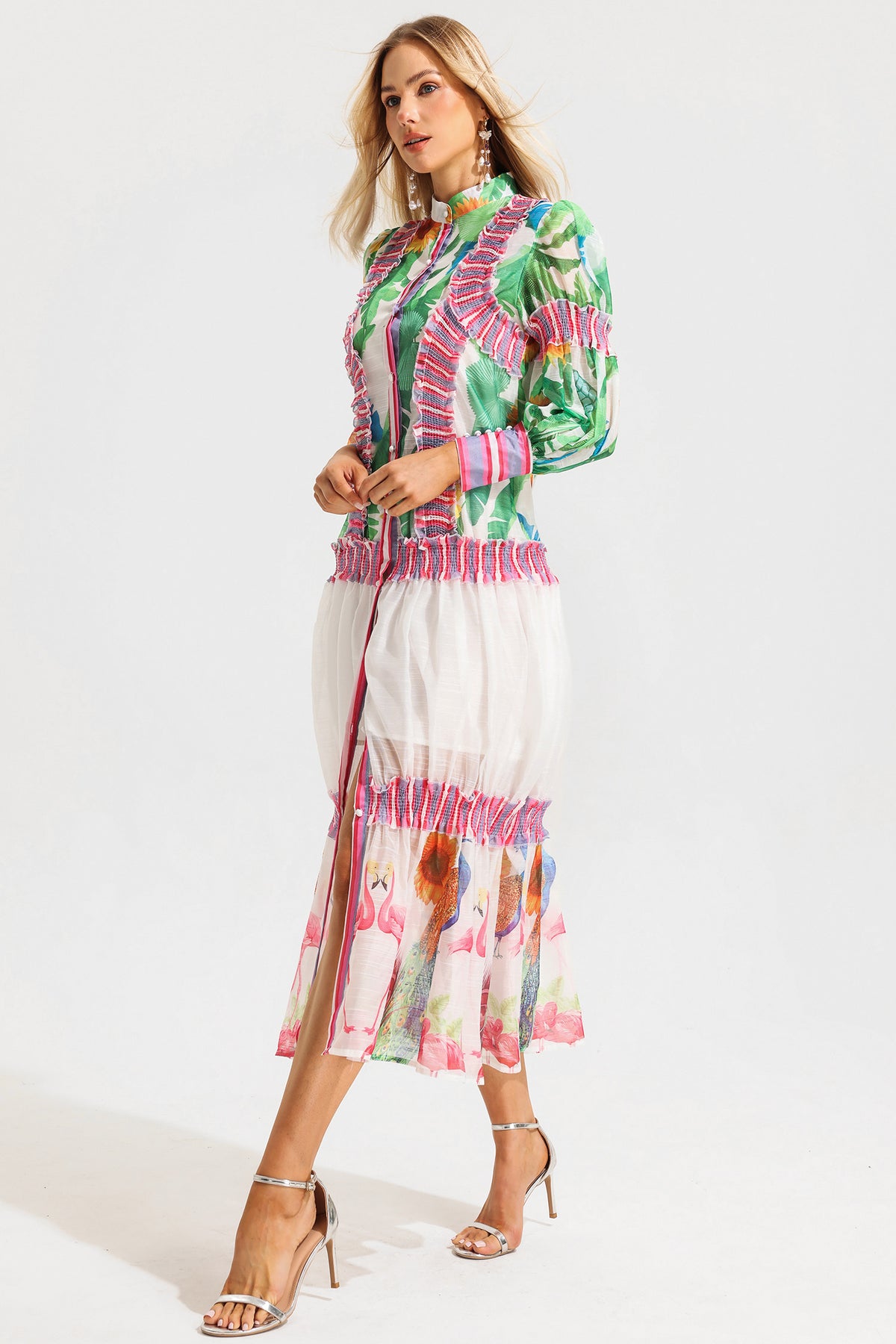 Floral Lantern Sleeve Stand Collar Ruffle Maxi Dress