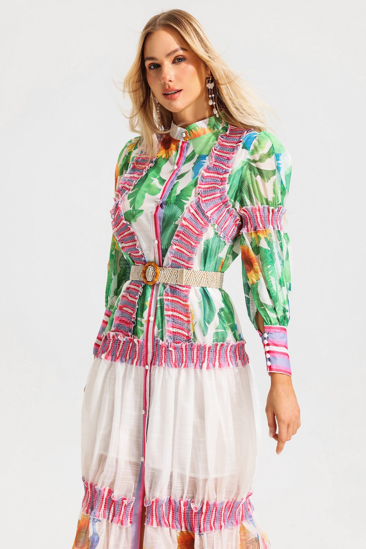 Floral Lantern Sleeve Stand Collar Ruffle Maxi Dress