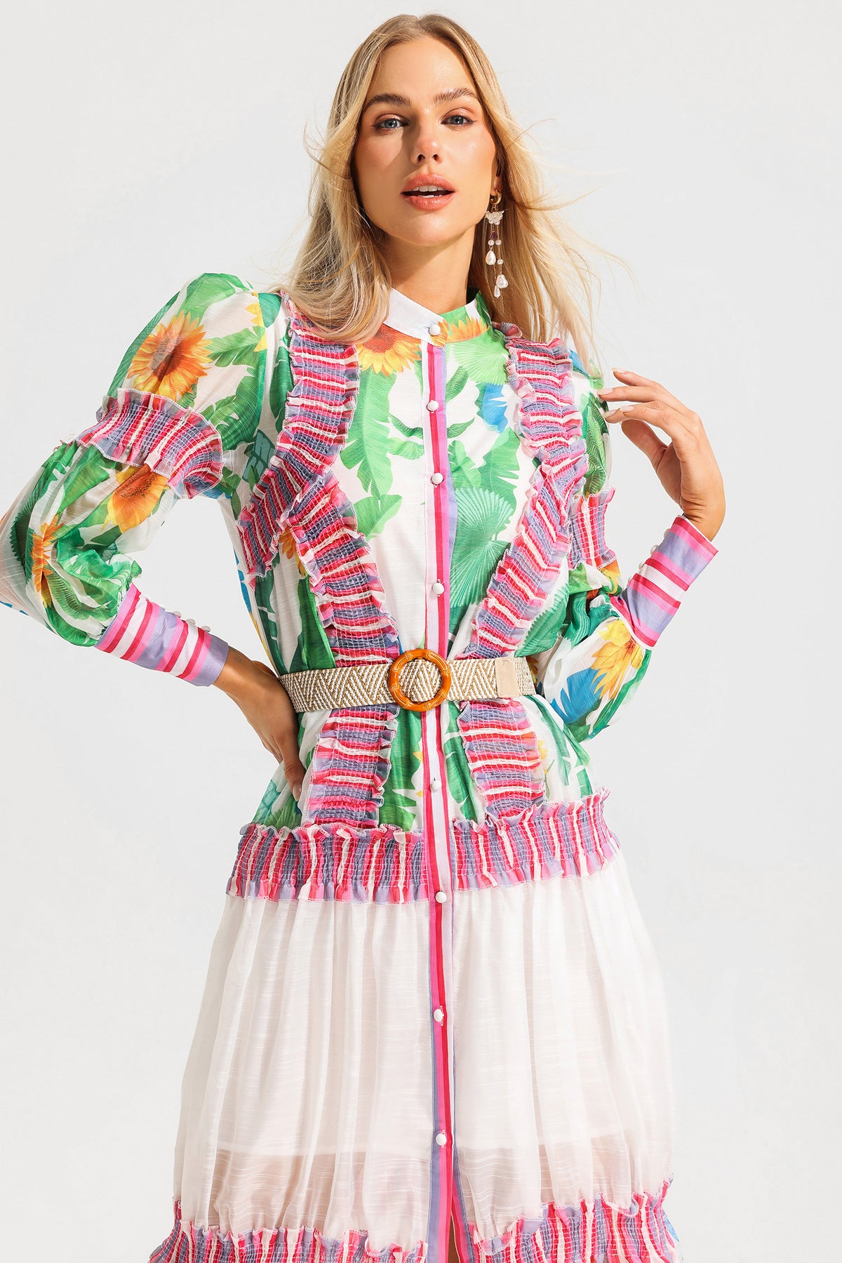 Floral Lantern Sleeve Stand Collar Ruffle Maxi Dress