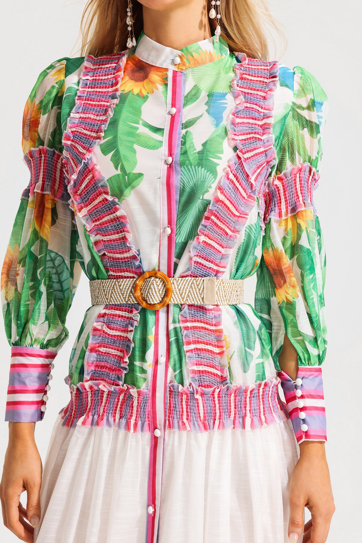 Floral Lantern Sleeve Stand Collar Ruffle Maxi Dress