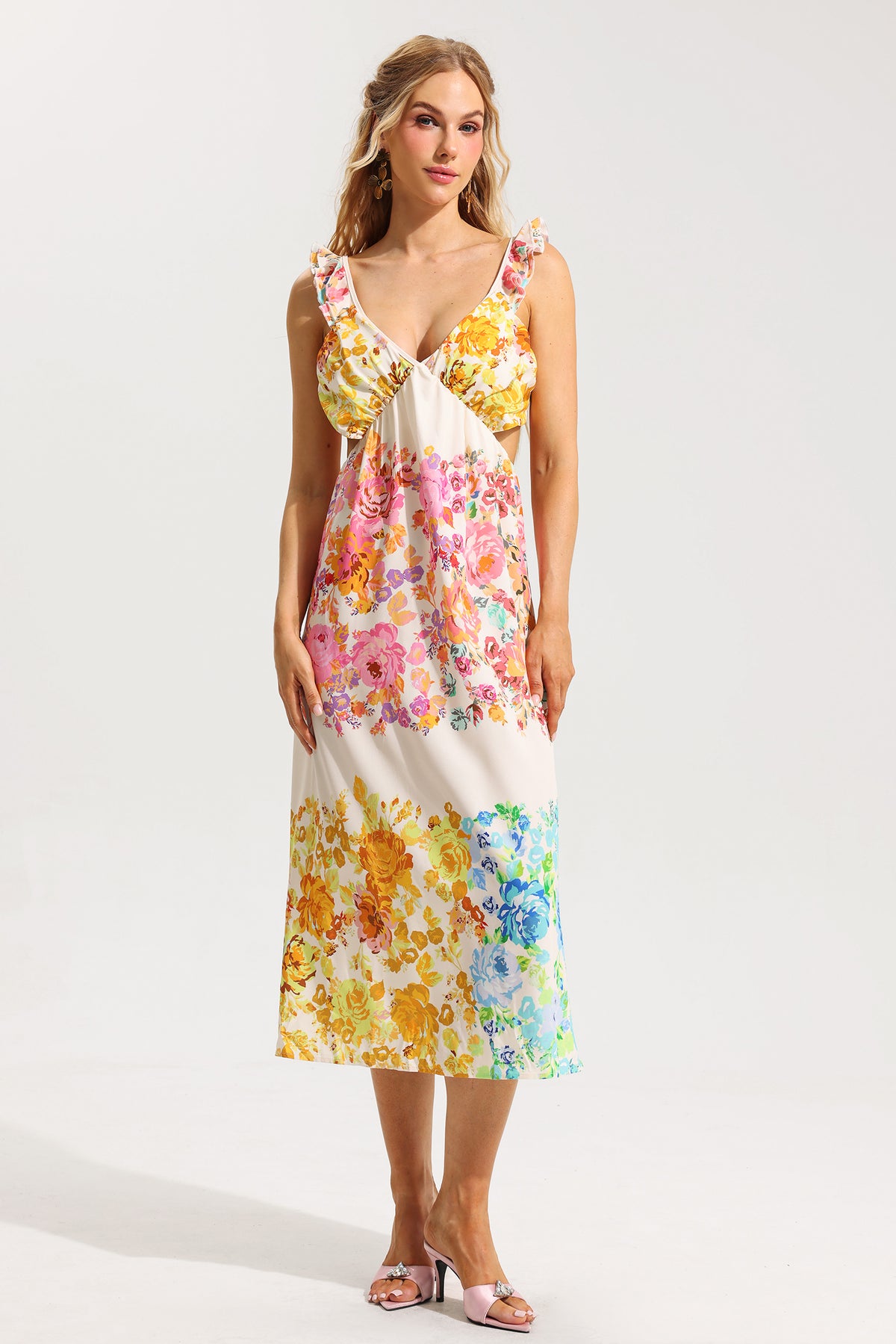 Floral Cut-Out Frill Midi Dress