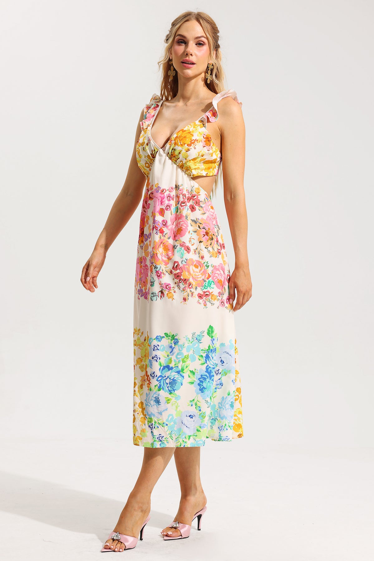 Floral Cut-Out Frill Midi Dress