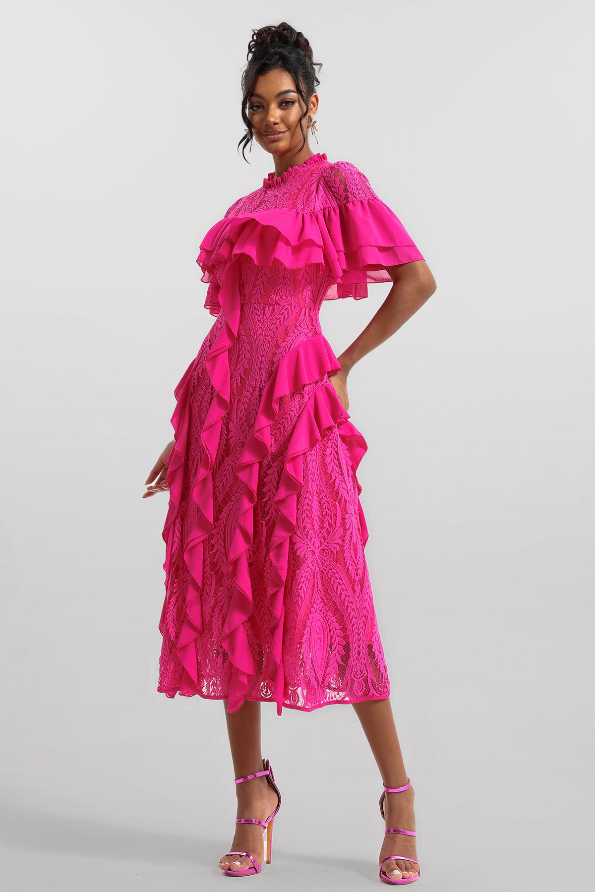 Solid Lace Frill Midi Dress
