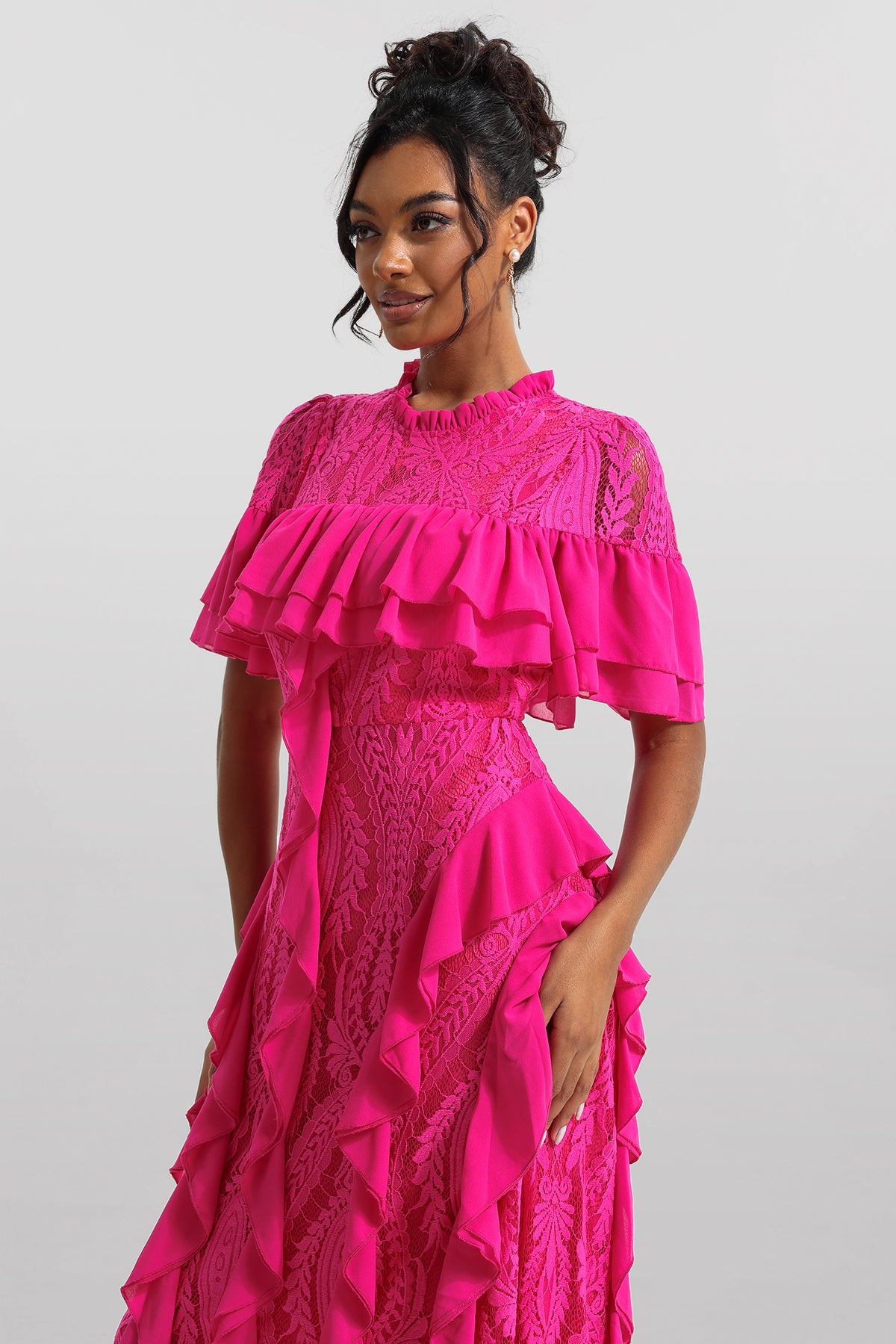 Solid Lace Frill Midi Dress