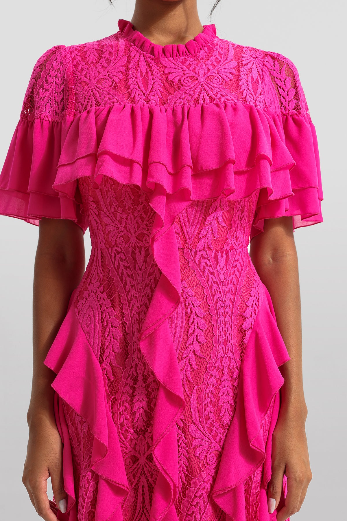 Solid Lace Frill Midi Dress