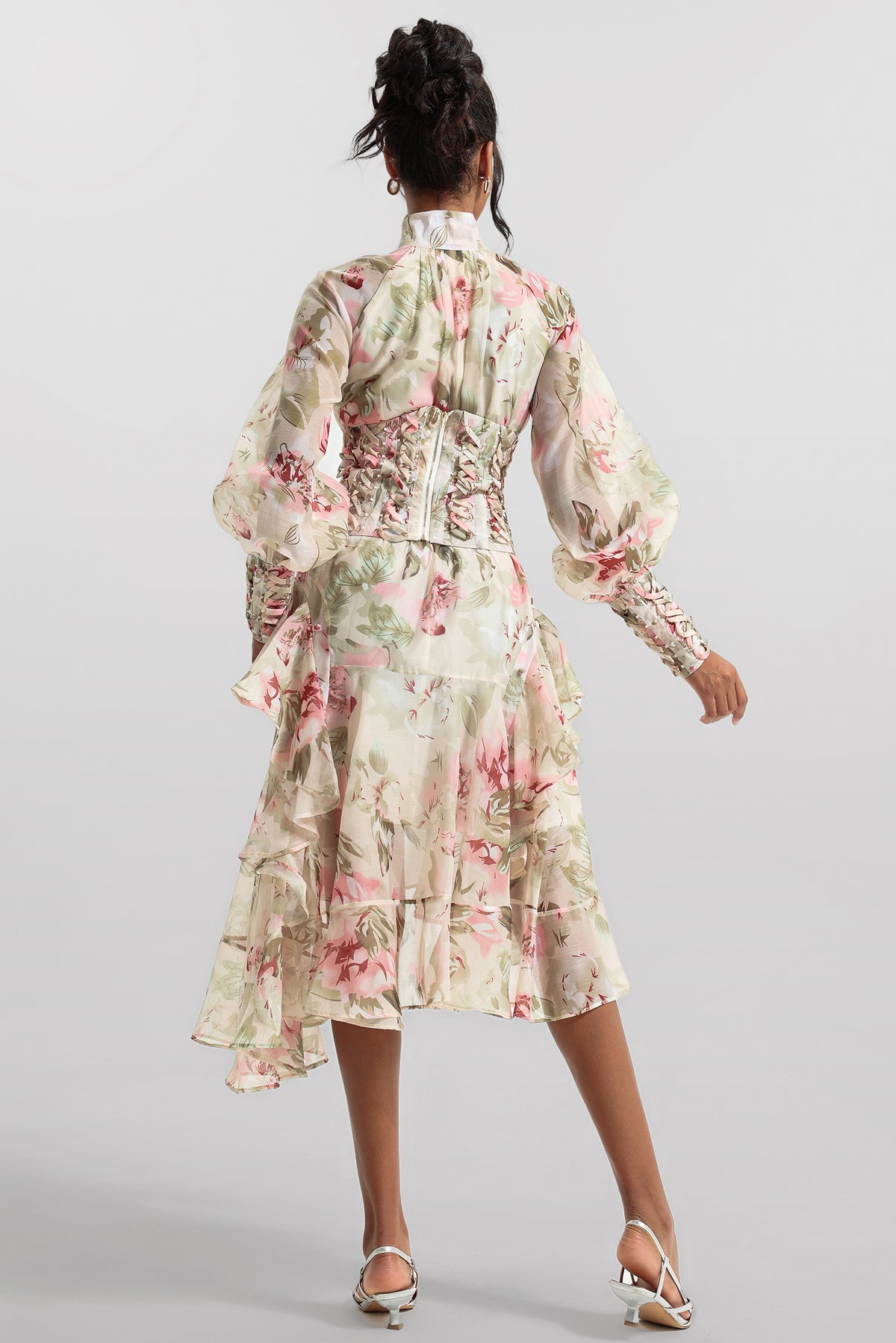 Printed Lantern Sleeve Stand Collar Mesh Midi Dress