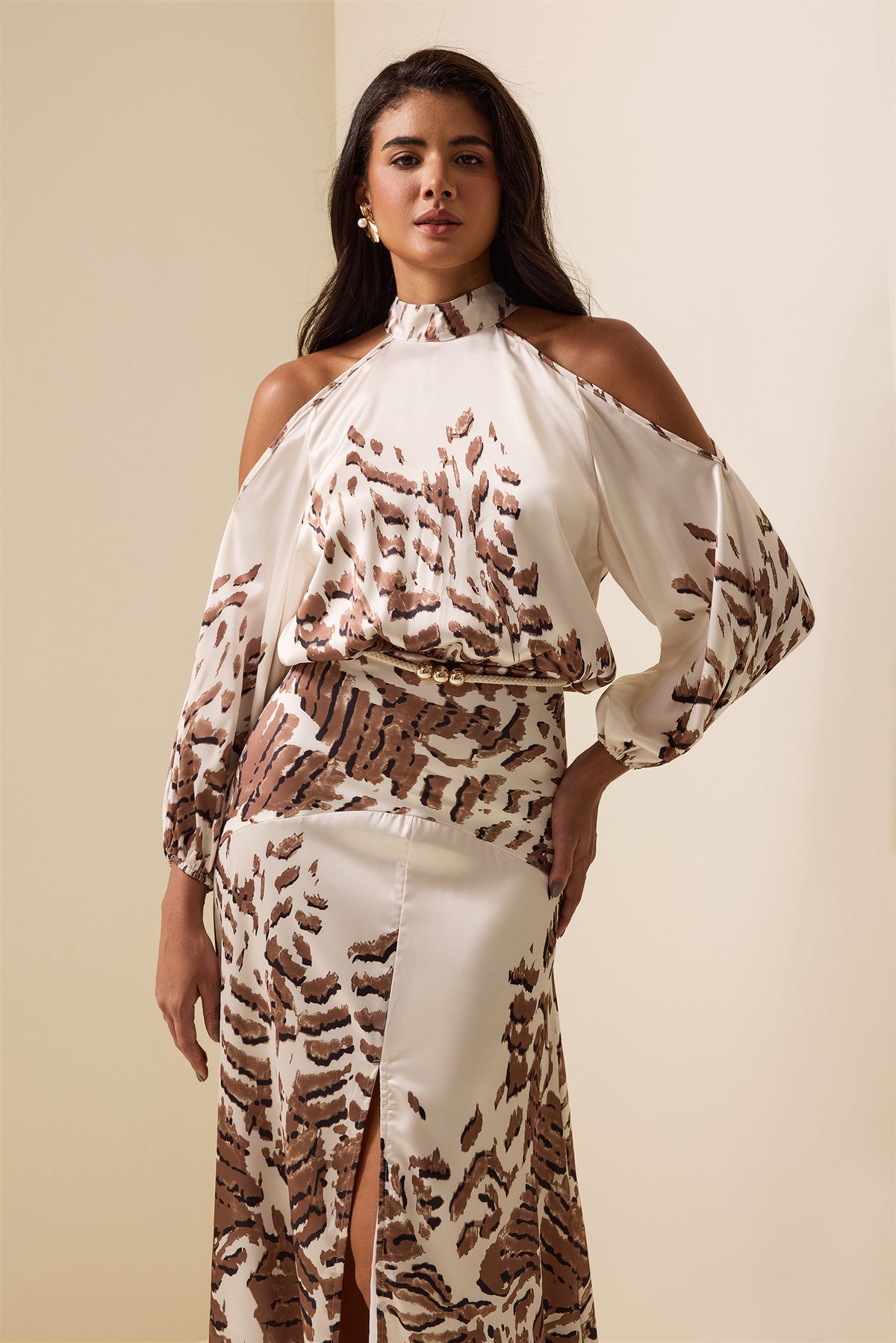 Abstract Print Cut-Out Puff Sleeve Maxi Dress