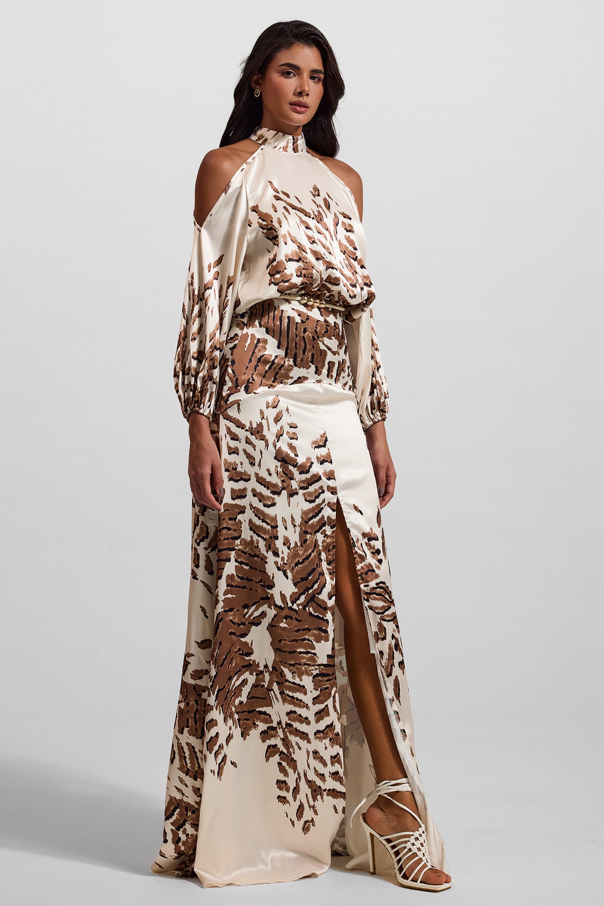 Abstract Print Cut-Out Puff Sleeve Maxi Dress