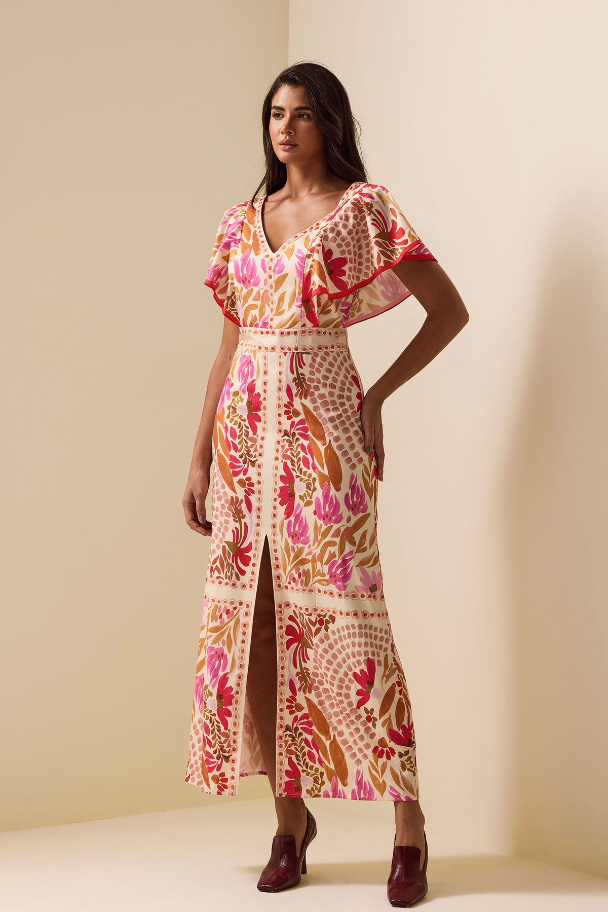 Floral V-Neck Split Backless Midi Dress