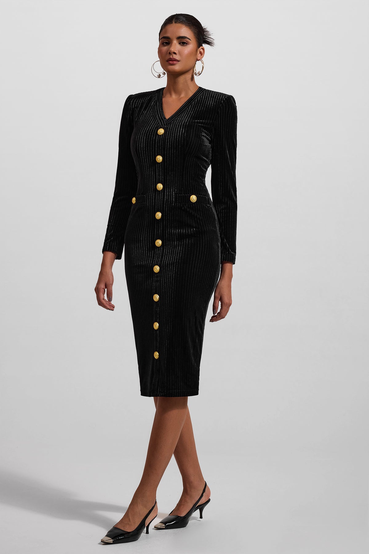 Velvet V-Neck Metal Button Midi Dress