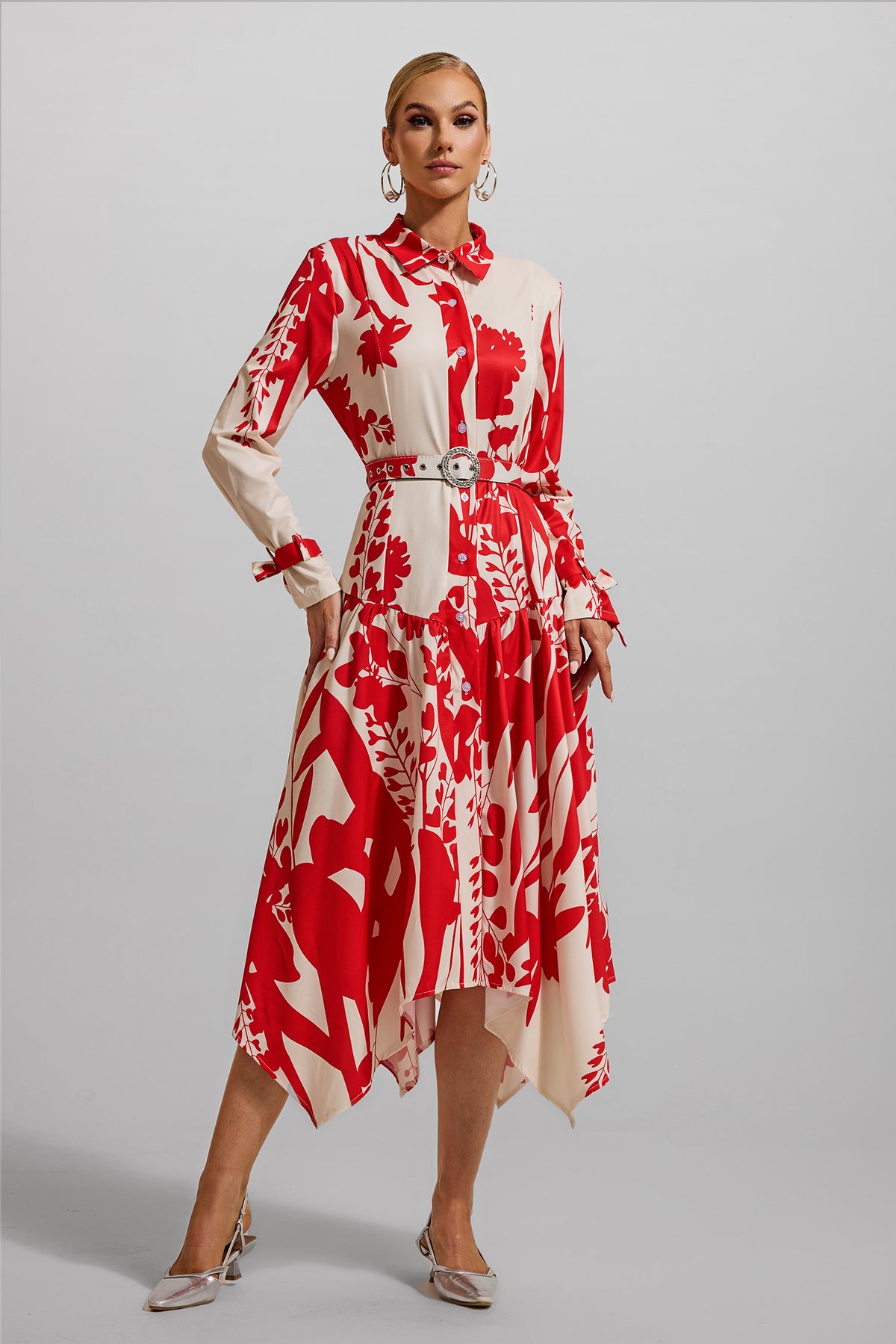 Floral Lace Up Midi Dress With Belt