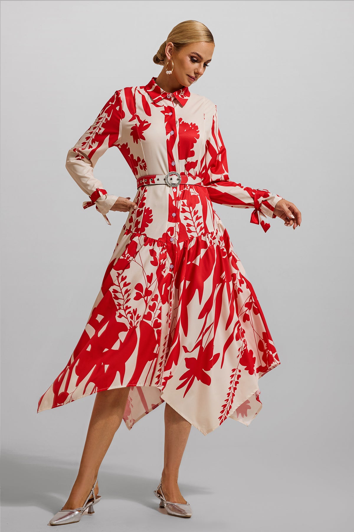 Floral Lace Up Midi Dress With Belt