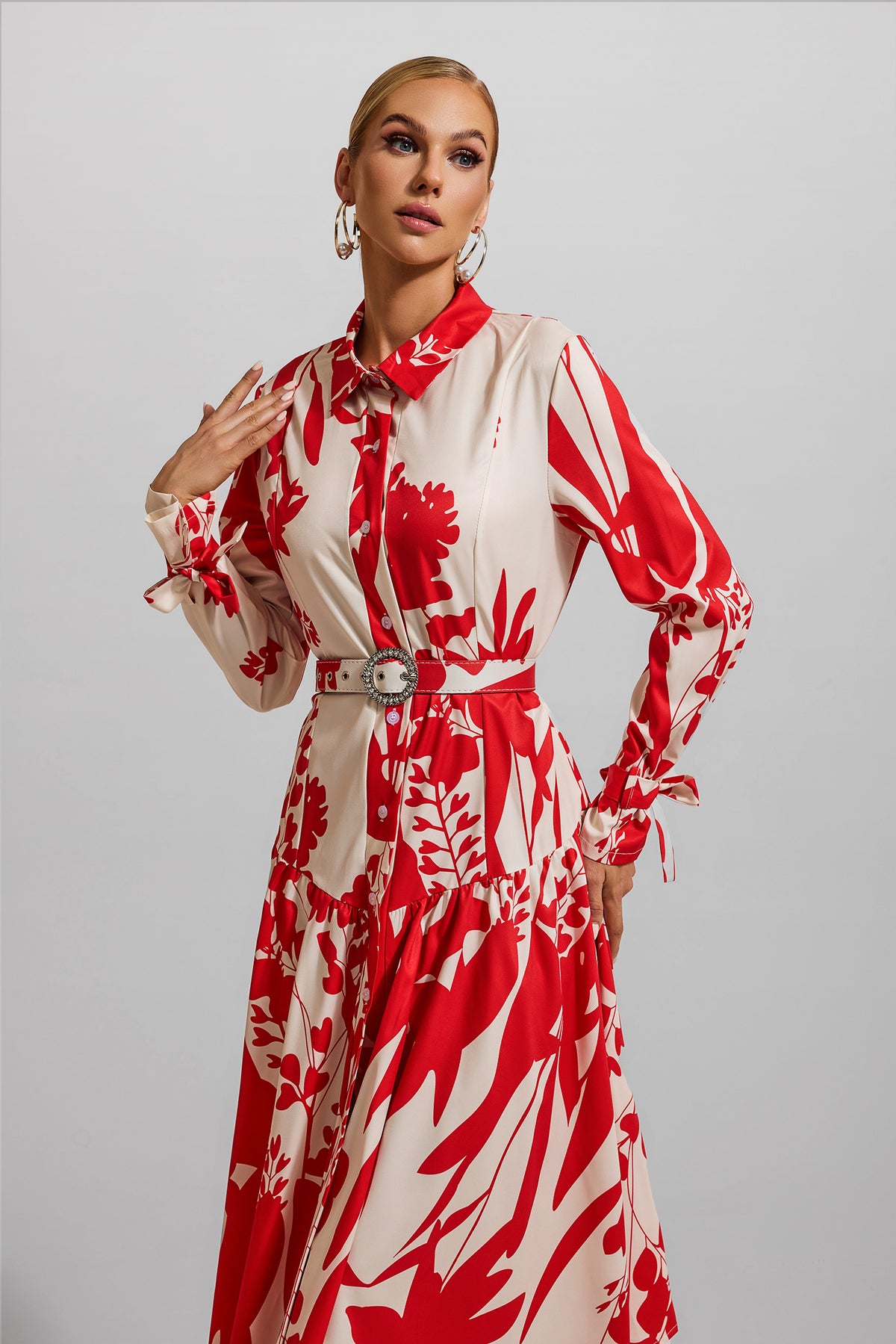 Floral Lace Up Midi Dress With Belt