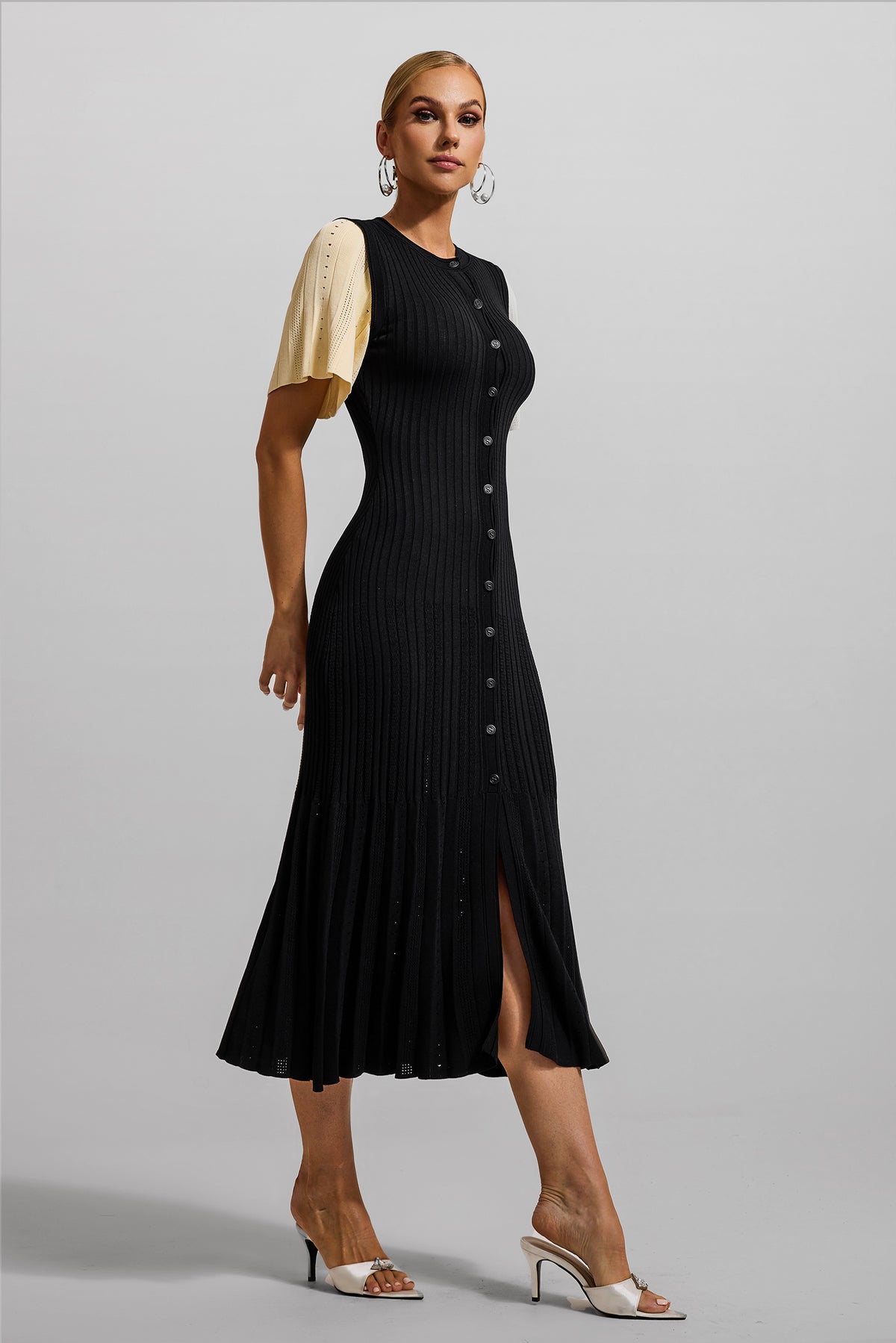 Jersey Button Splicing Midi Dress Black