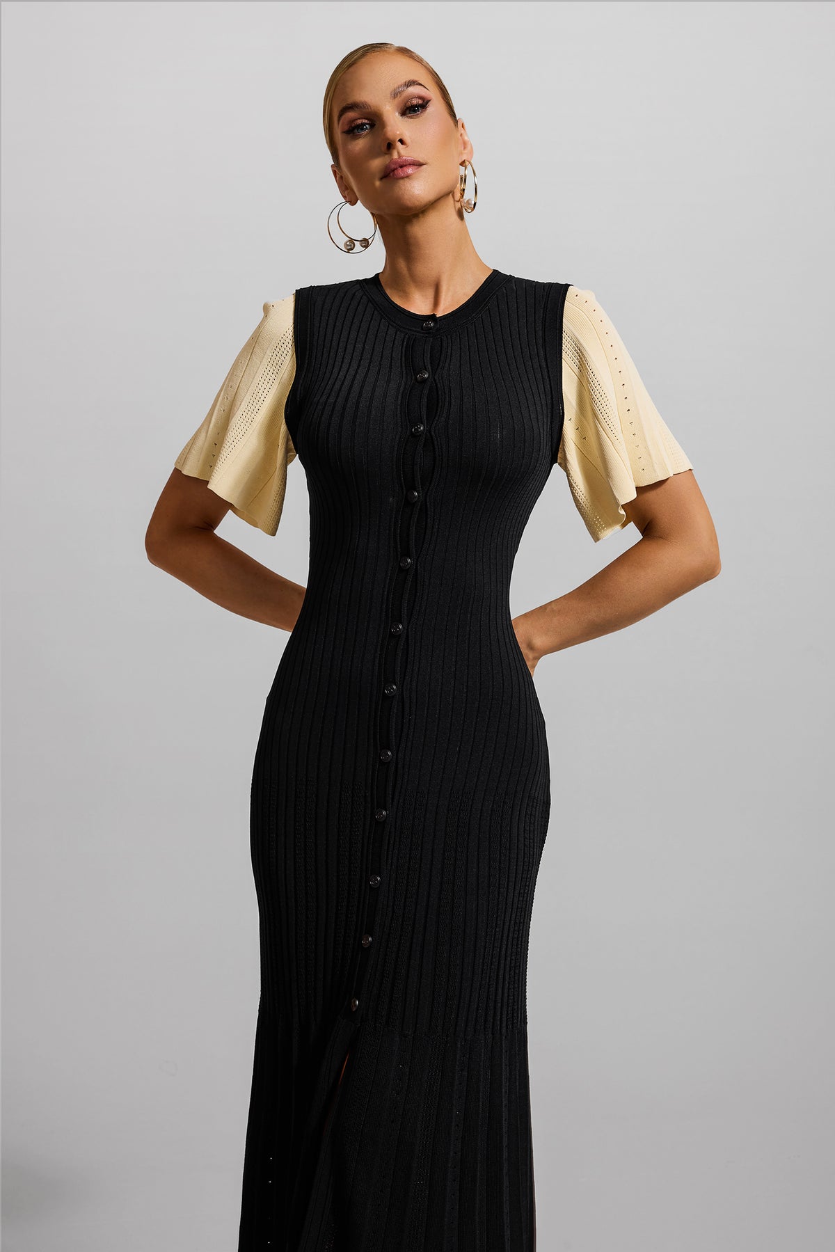 Jersey Button Splicing Midi Dress Black