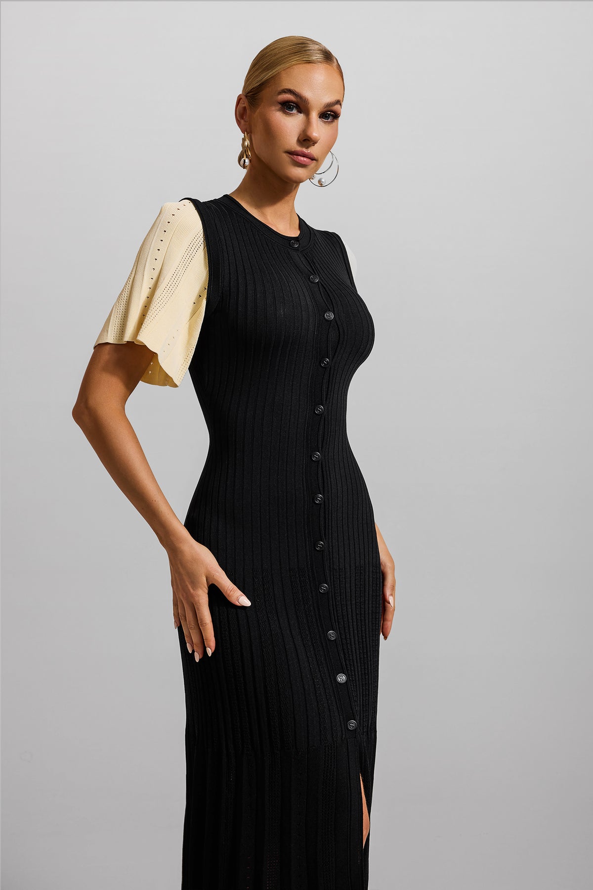 Jersey Button Splicing Midi Dress Black