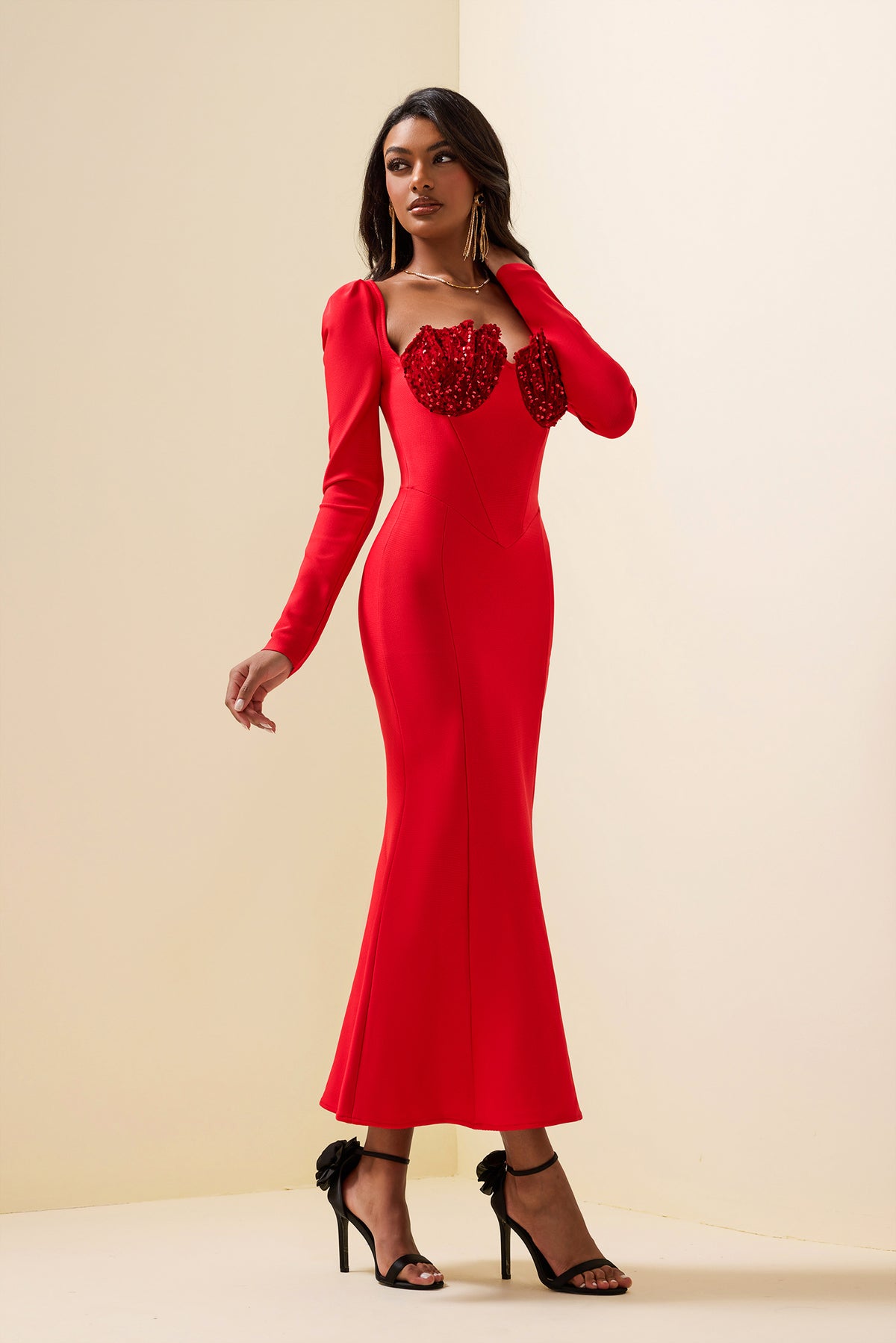 Knit Sequin Velvet Long Sleeve Midi Dress