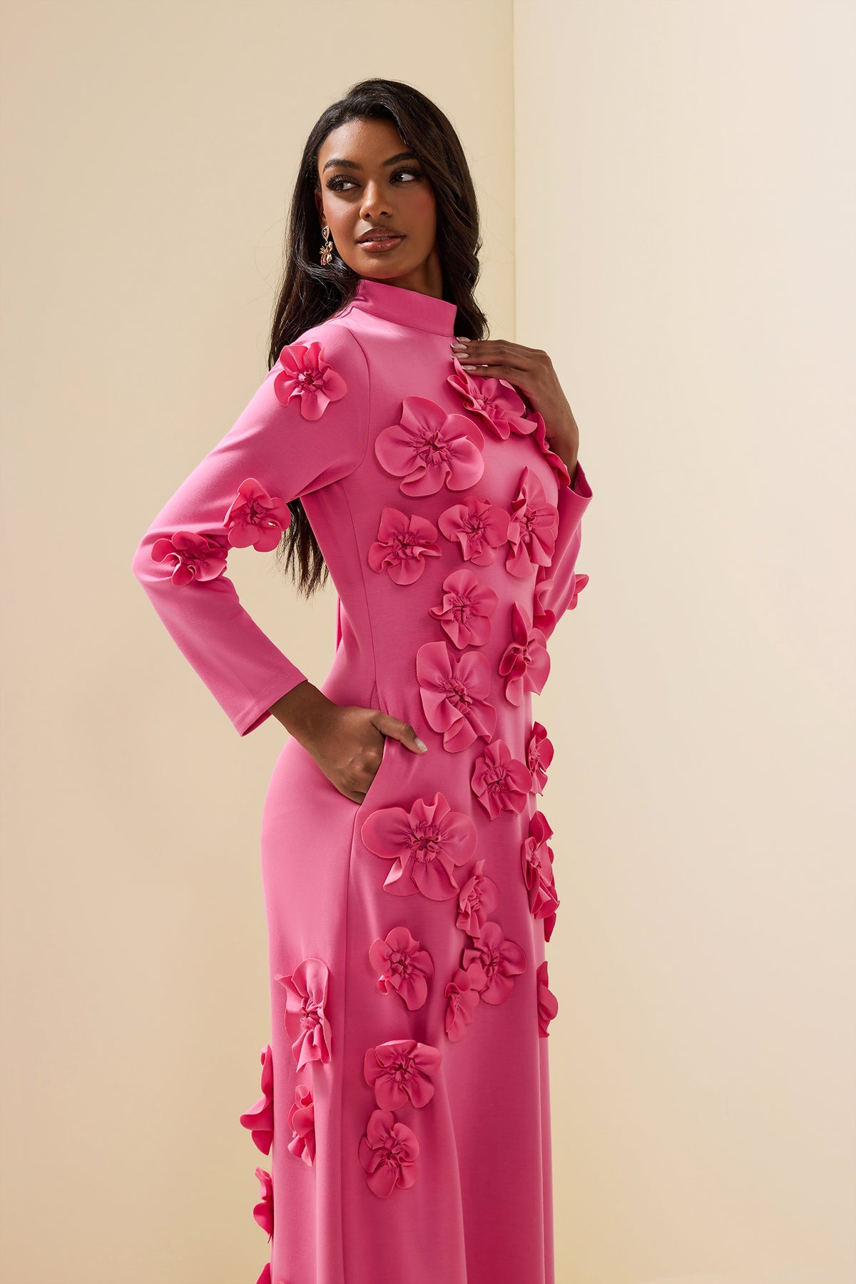 3D Flower Stand Collar Long Sleeve Midi Dress