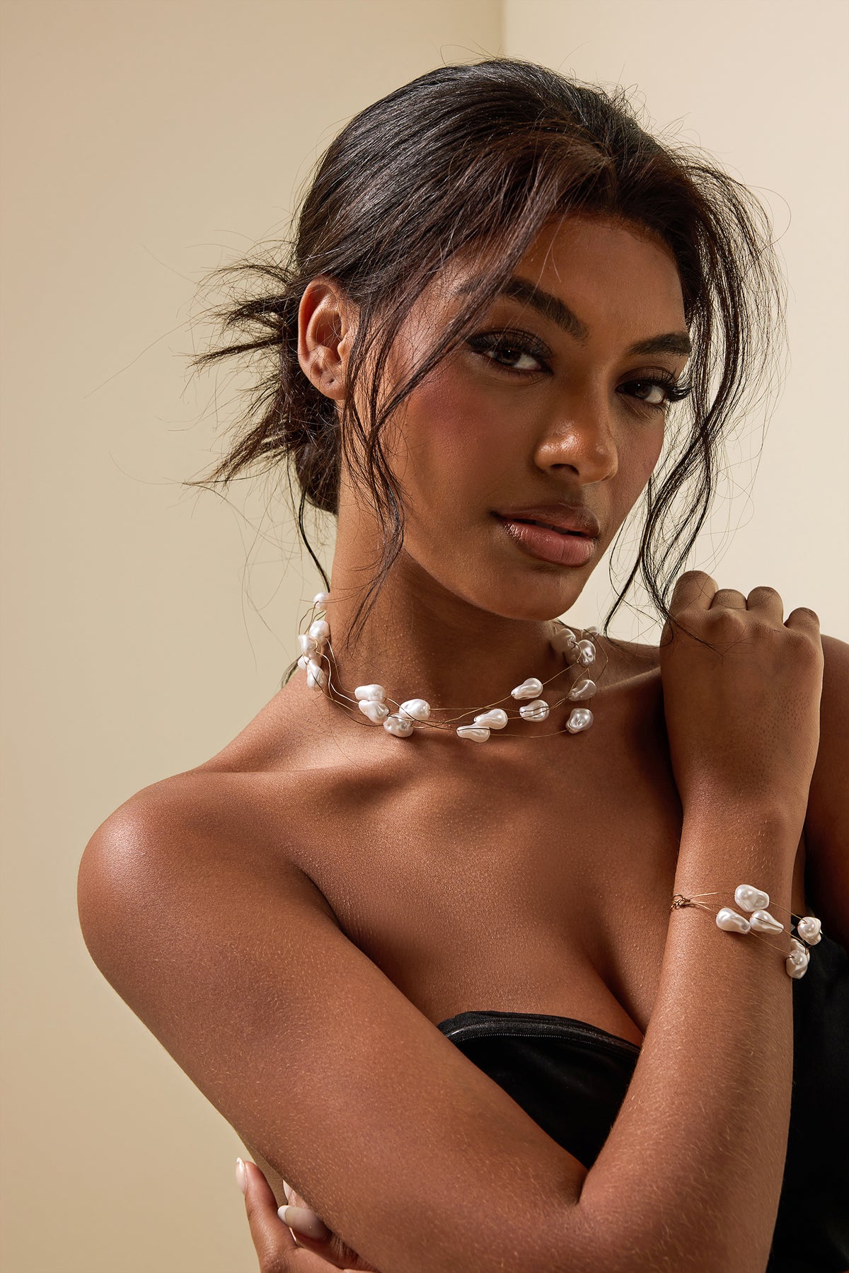 Faux Pearl Multi-Layered Necklace & Beaded Bracelet Set