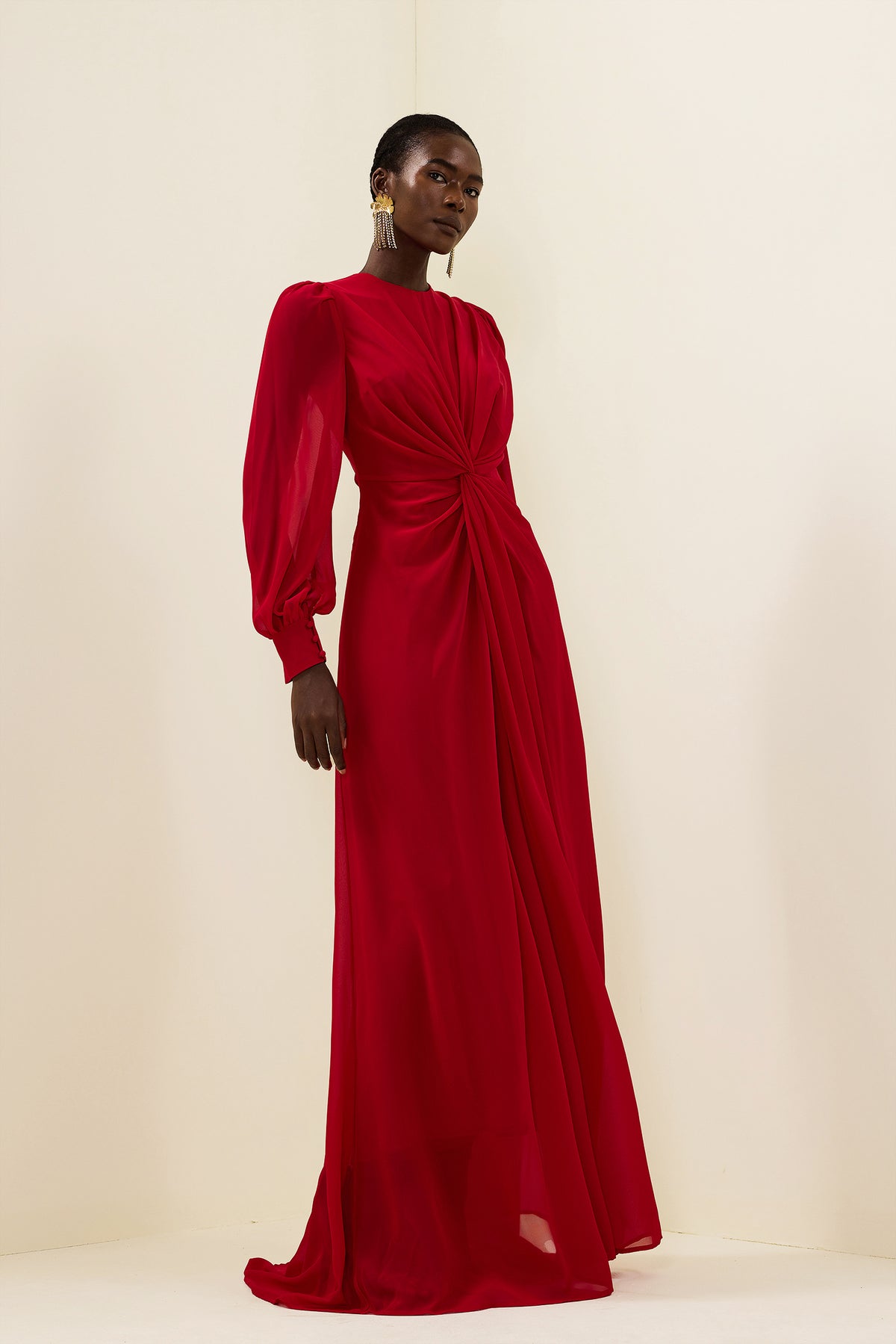 Solid Knotted Lantern Sleeve Maxi Dress
