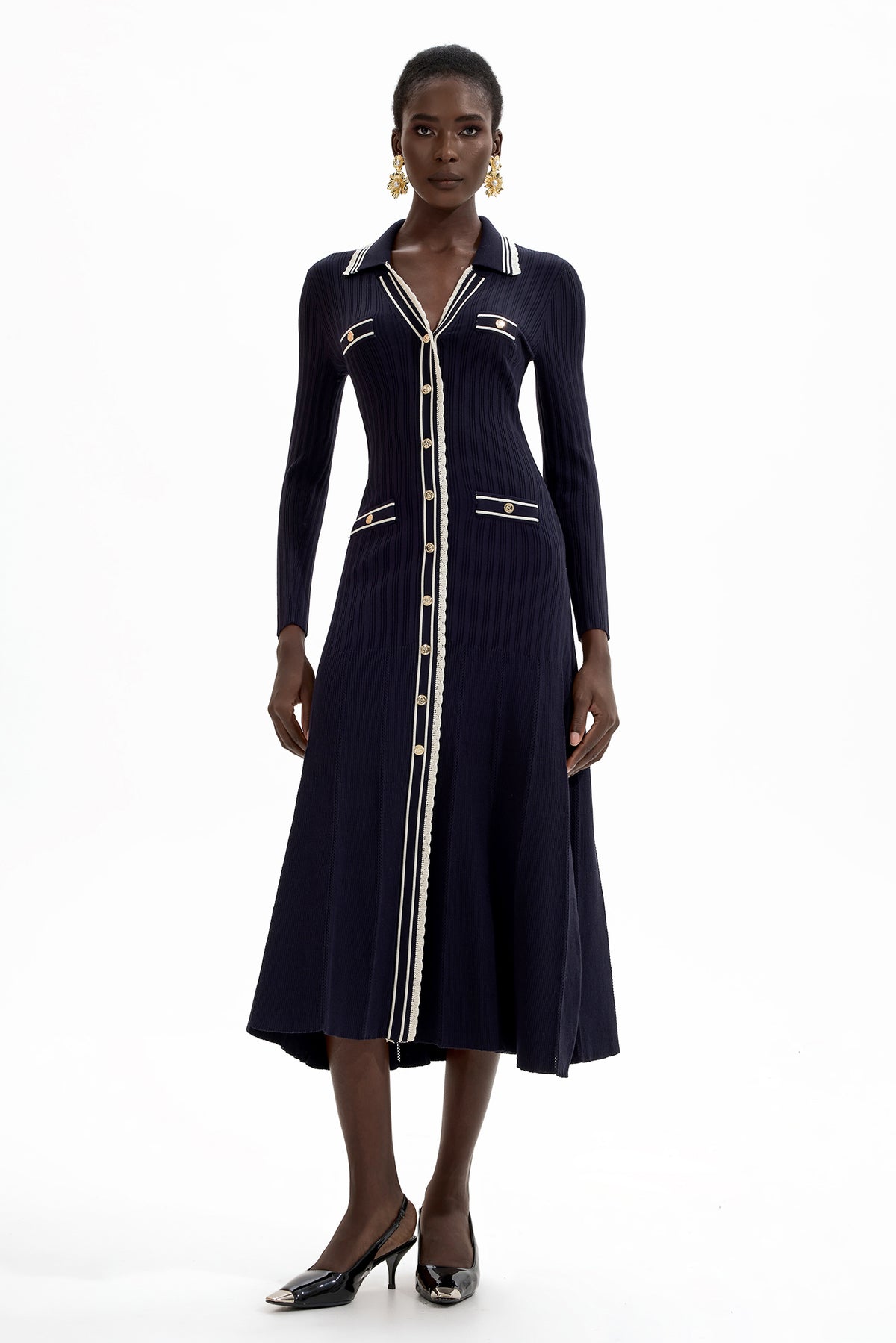 Knit Contrast Color Long Sleeve Midi Dress