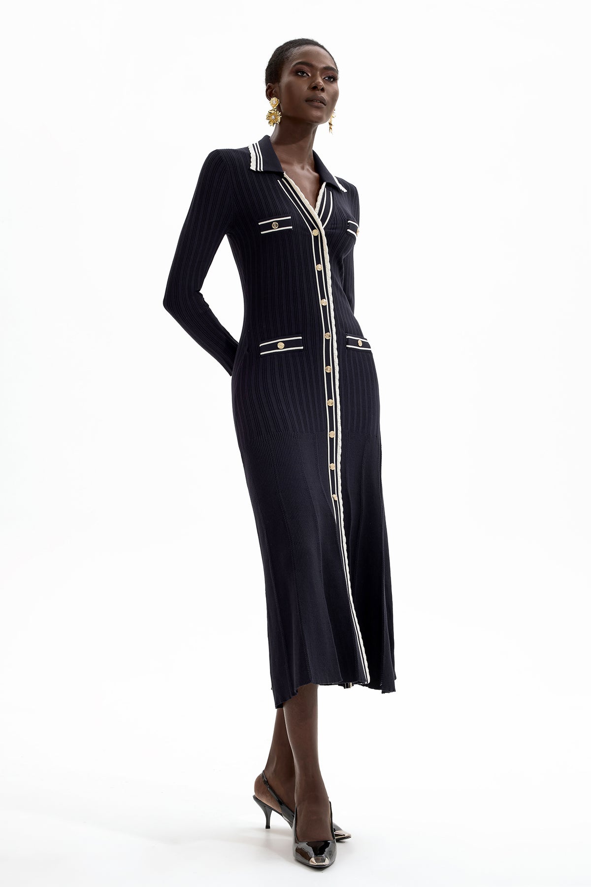 Knit Contrast Color Long Sleeve Midi Dress