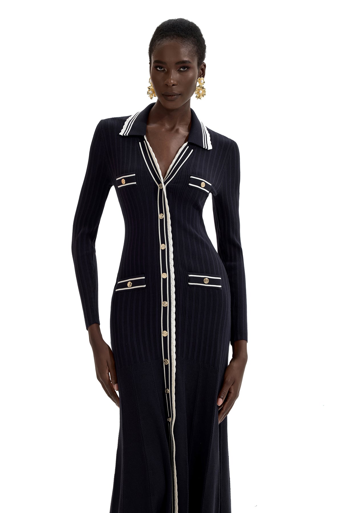 Knit Contrast Color Long Sleeve Midi Dress