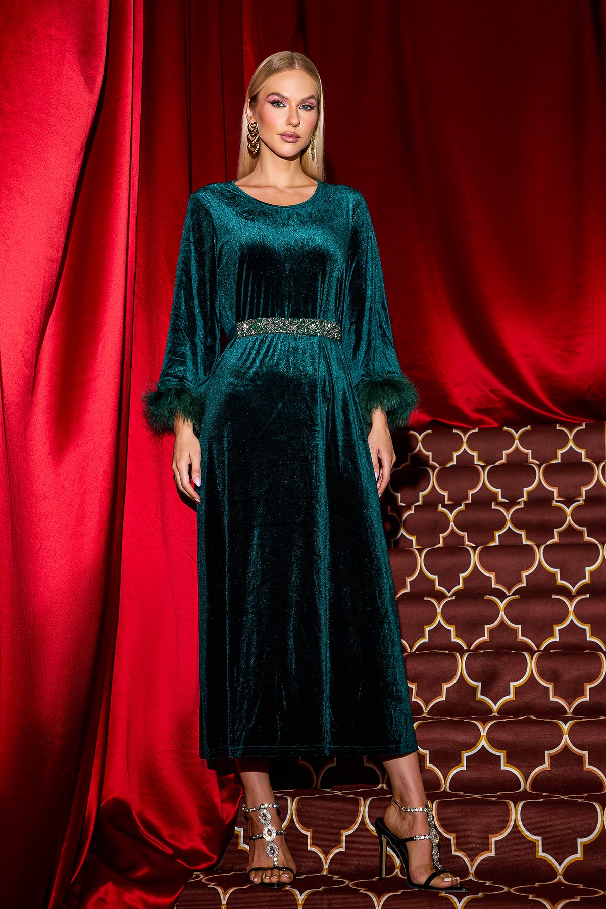 Solid Velvet Feather Midi Dress With Belt