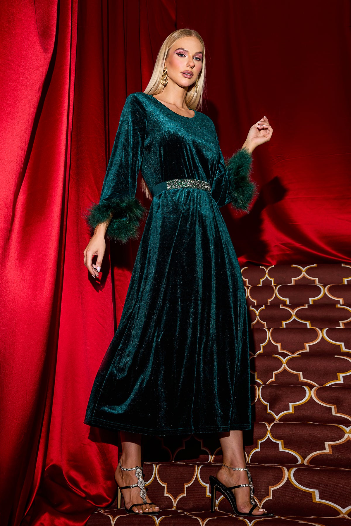 Solid Velvet Feather Midi Dress With Belt