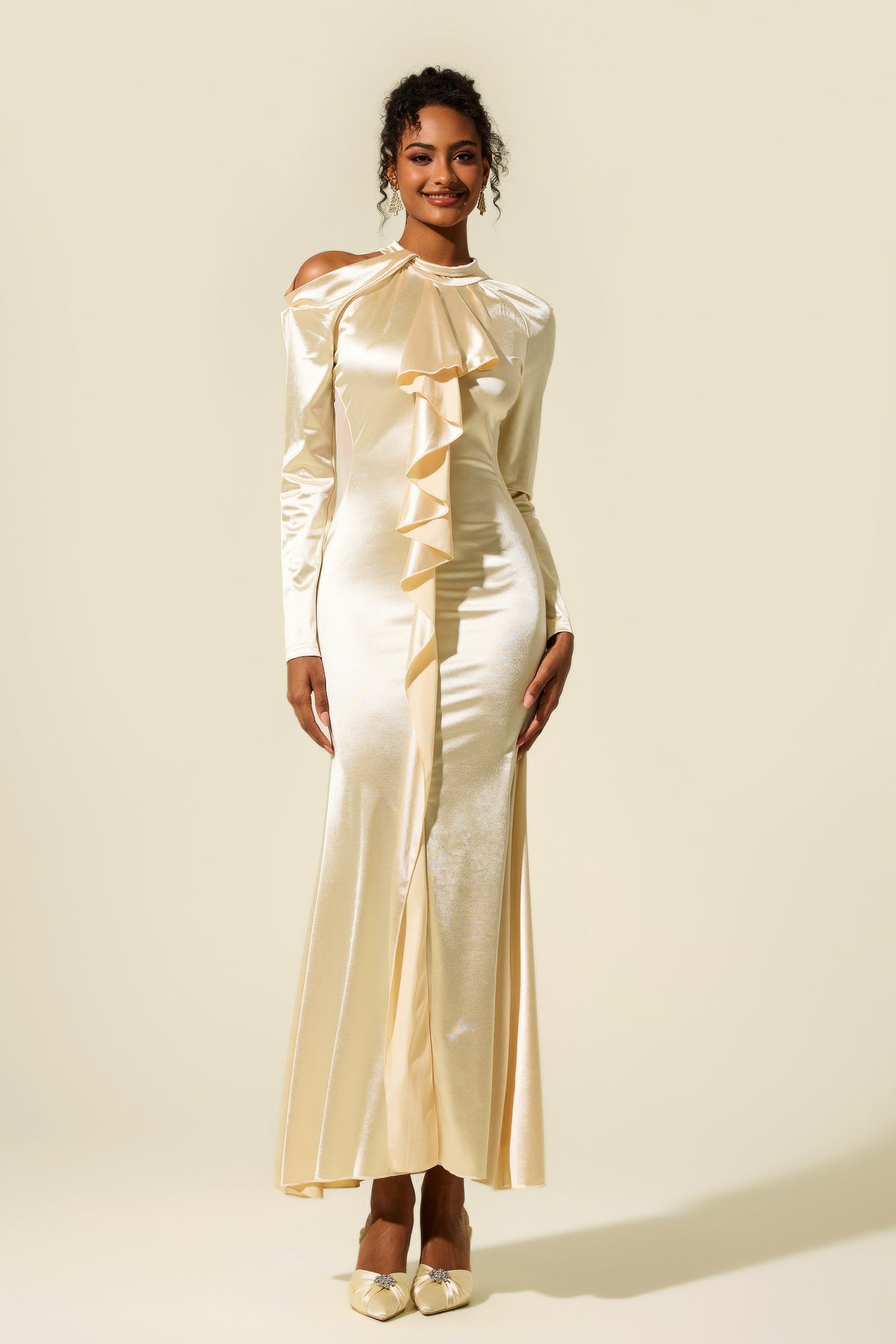 Solid Frill Cut-Out Midi Dress