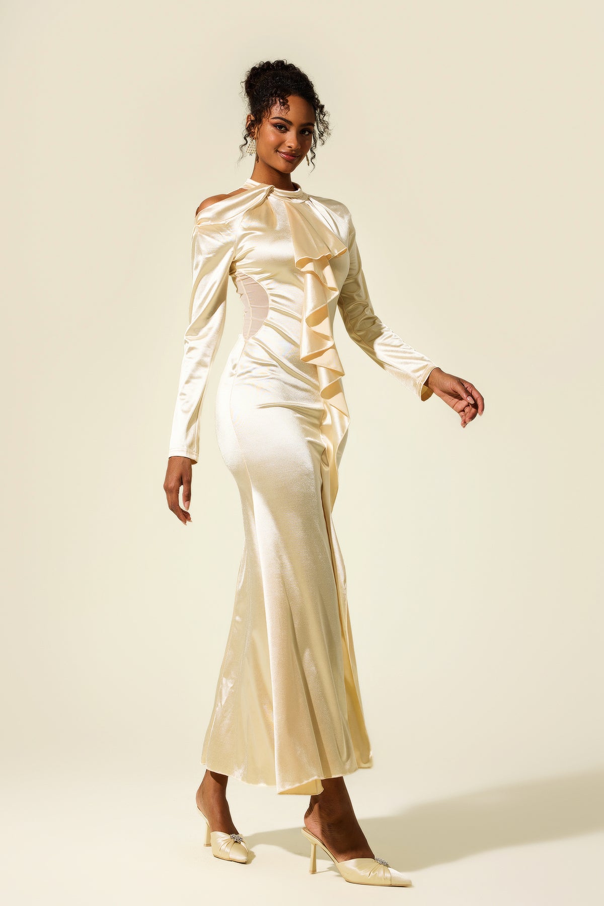 Solid Frill Cut-Out Midi Dress