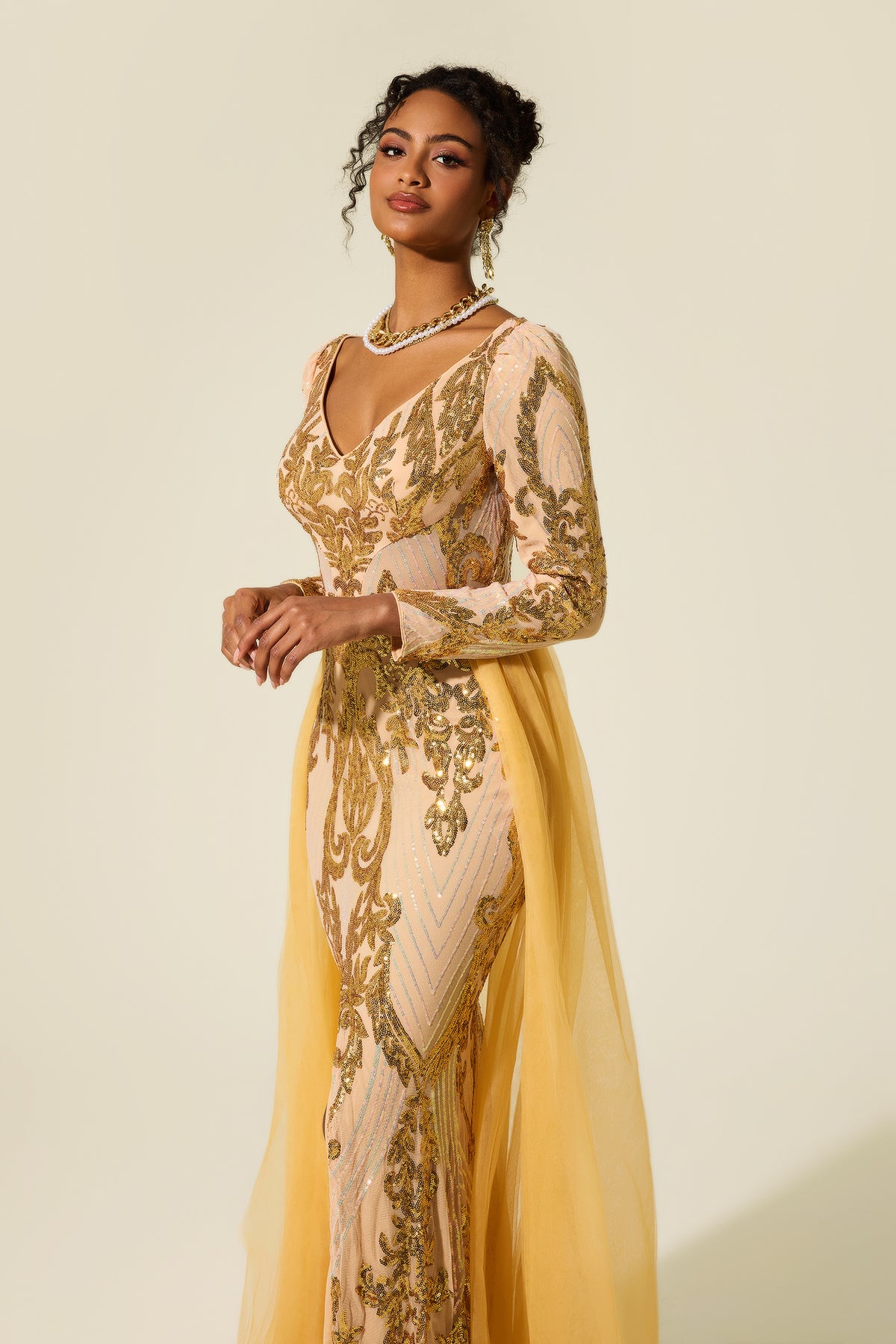 Sequin V-Neck Long Sleeve Cape Maxi Dress