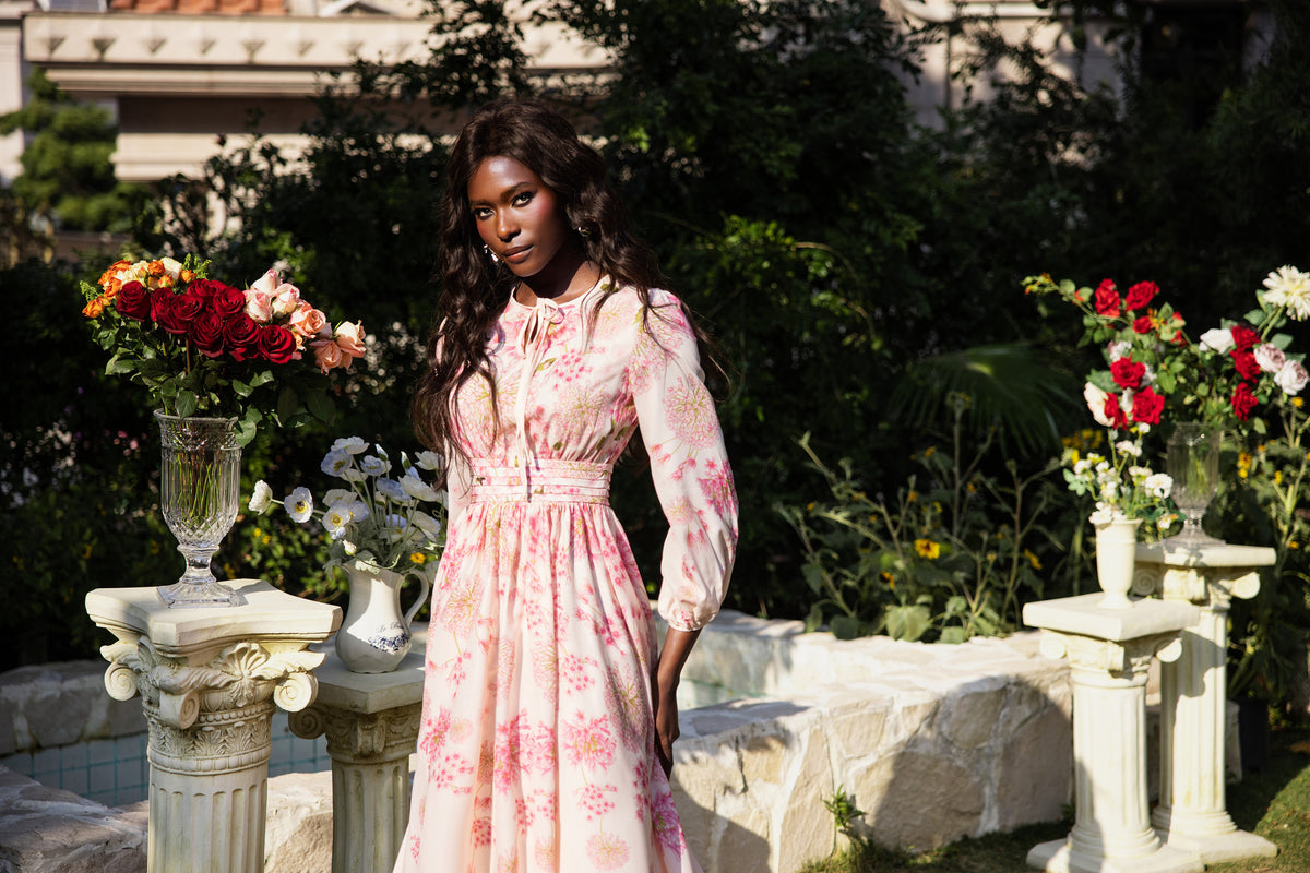 Floral Print Round Neck Puff Sleeve Maxi Dress