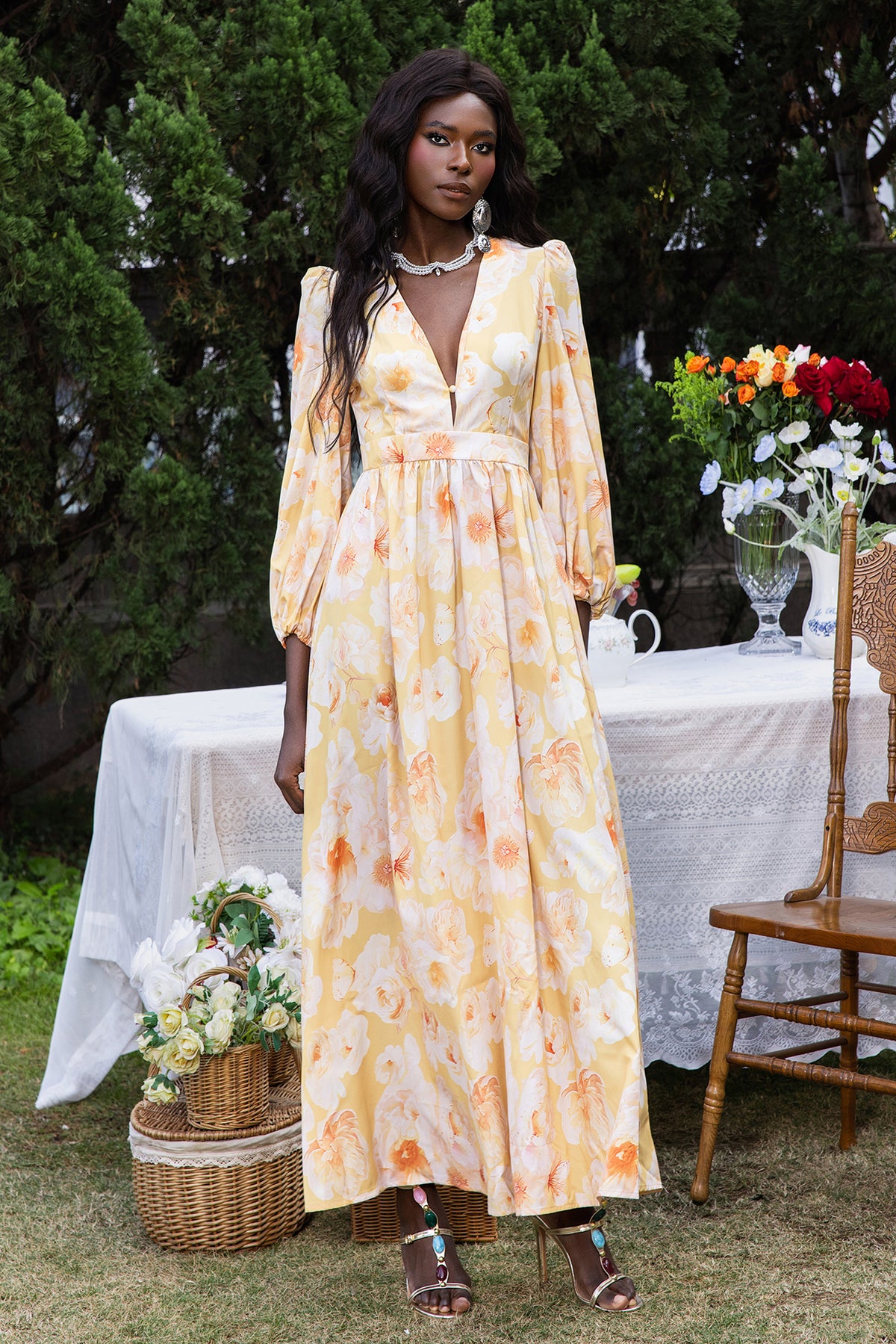 Floral V-Neck Long Sleeve Midi Dress