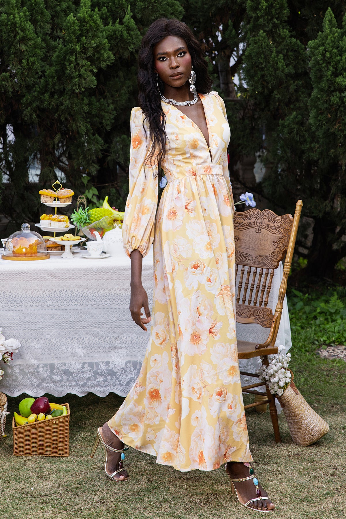 Floral V-Neck Long Sleeve Midi Dress