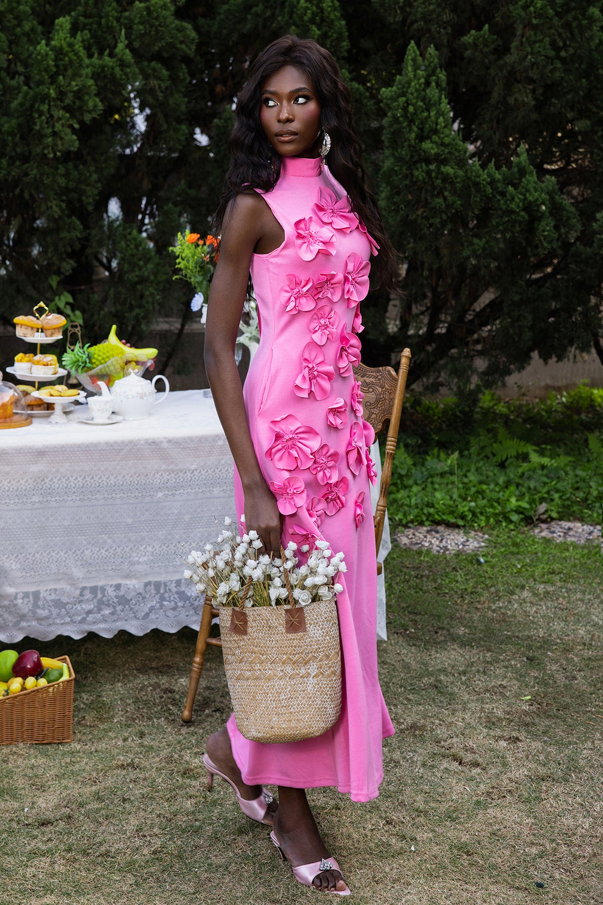 3D Floral High Neck Sleeveless Maxi Dress