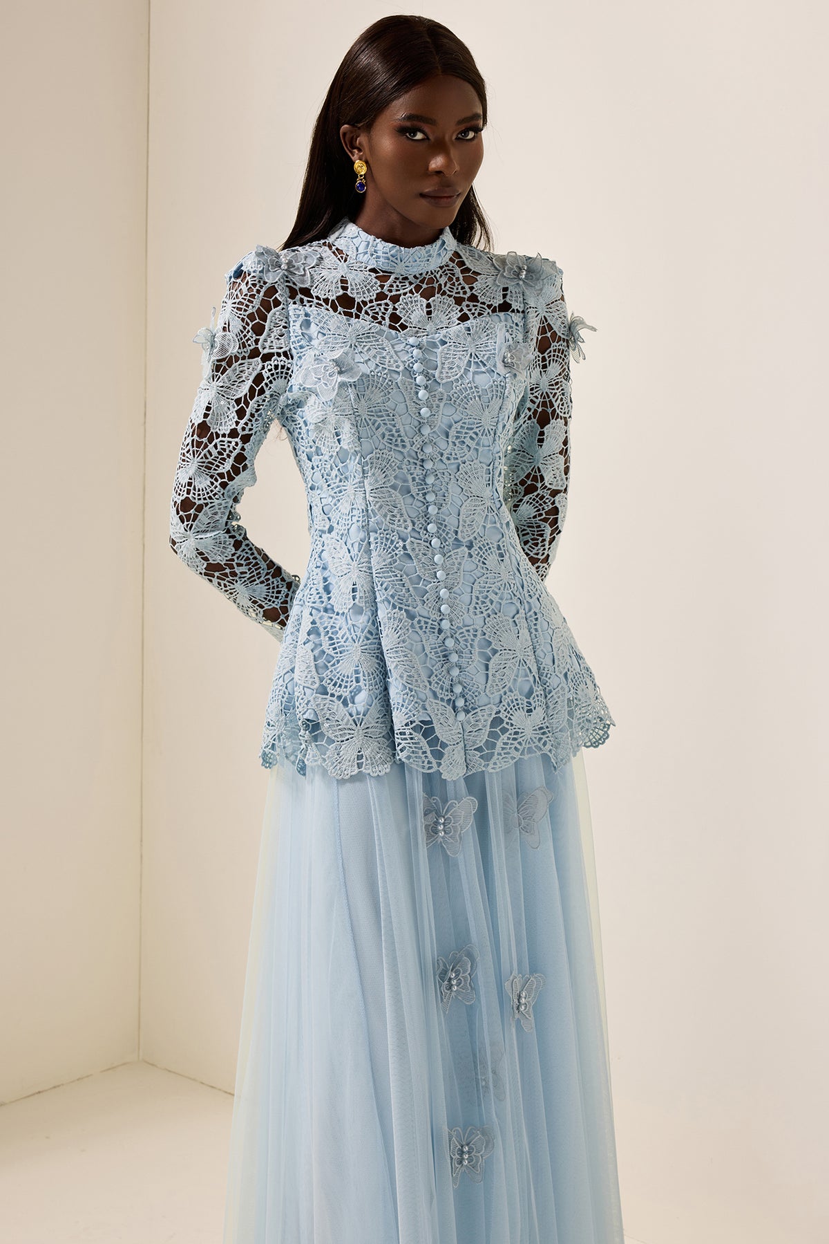 Embroidery Solid Top & Mesh Midi Skirt Set