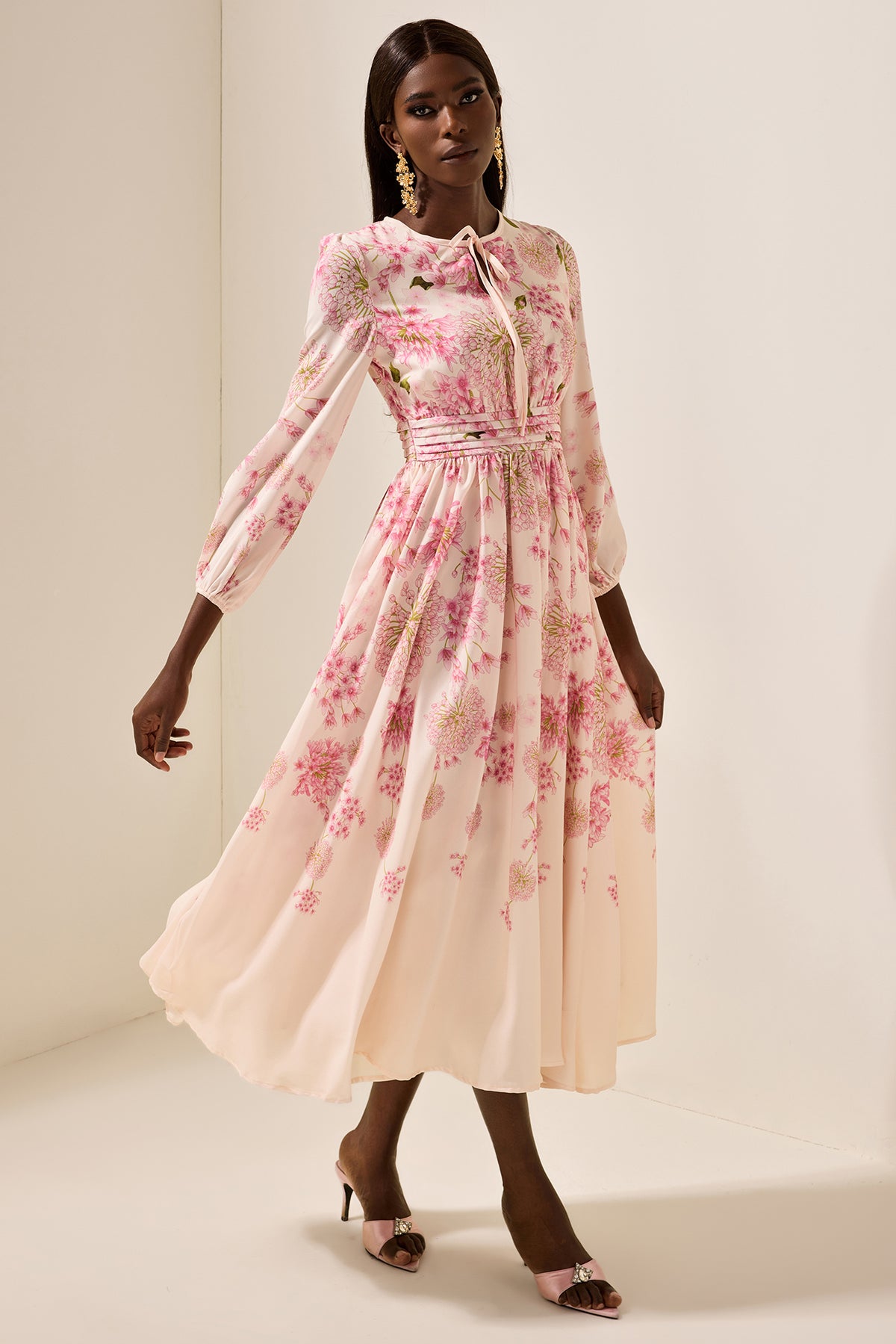 Floral Print Round Neck Puff Sleeve Maxi Dress