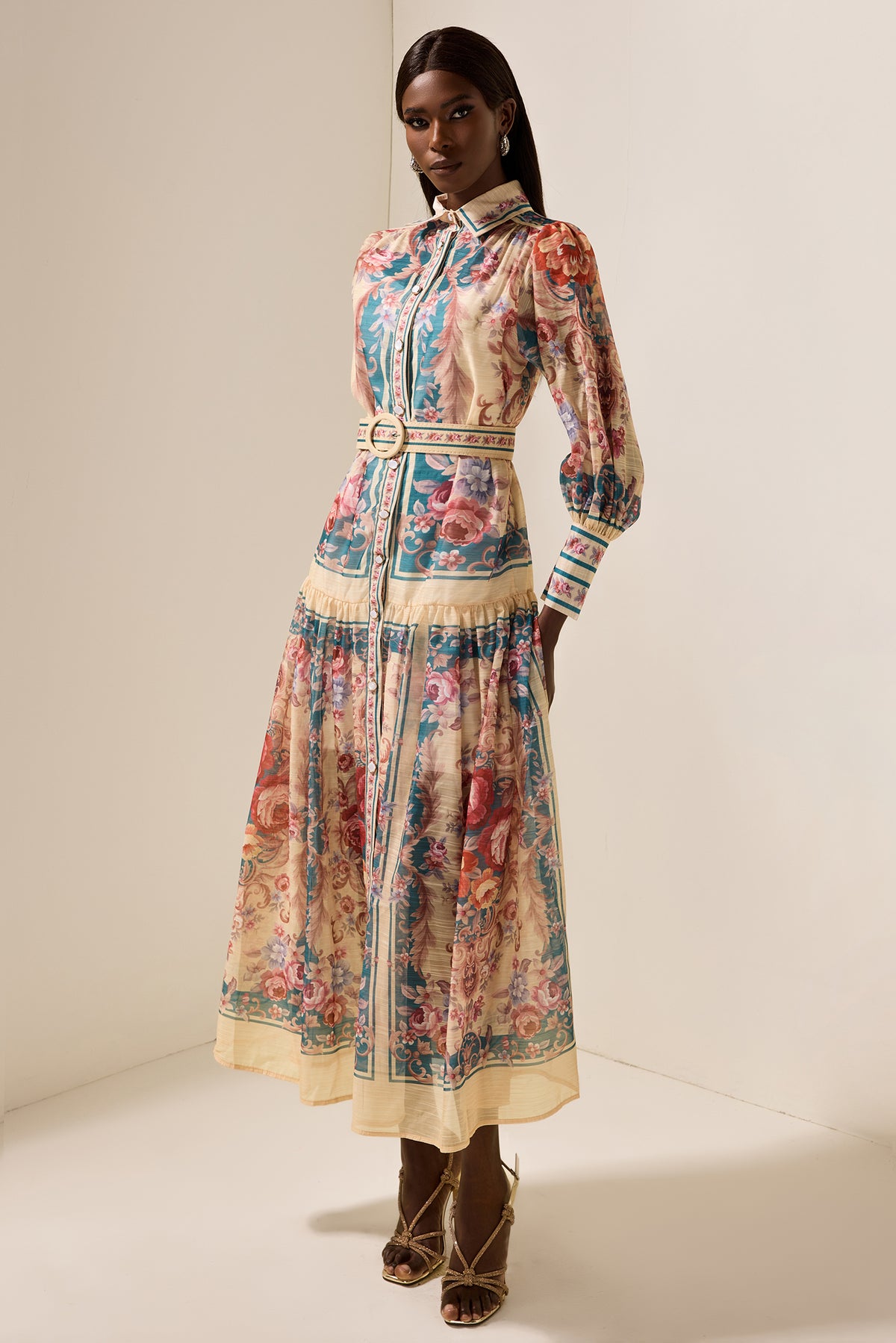 Shirt Collar Floral Lantern Sleeve Midi Dress