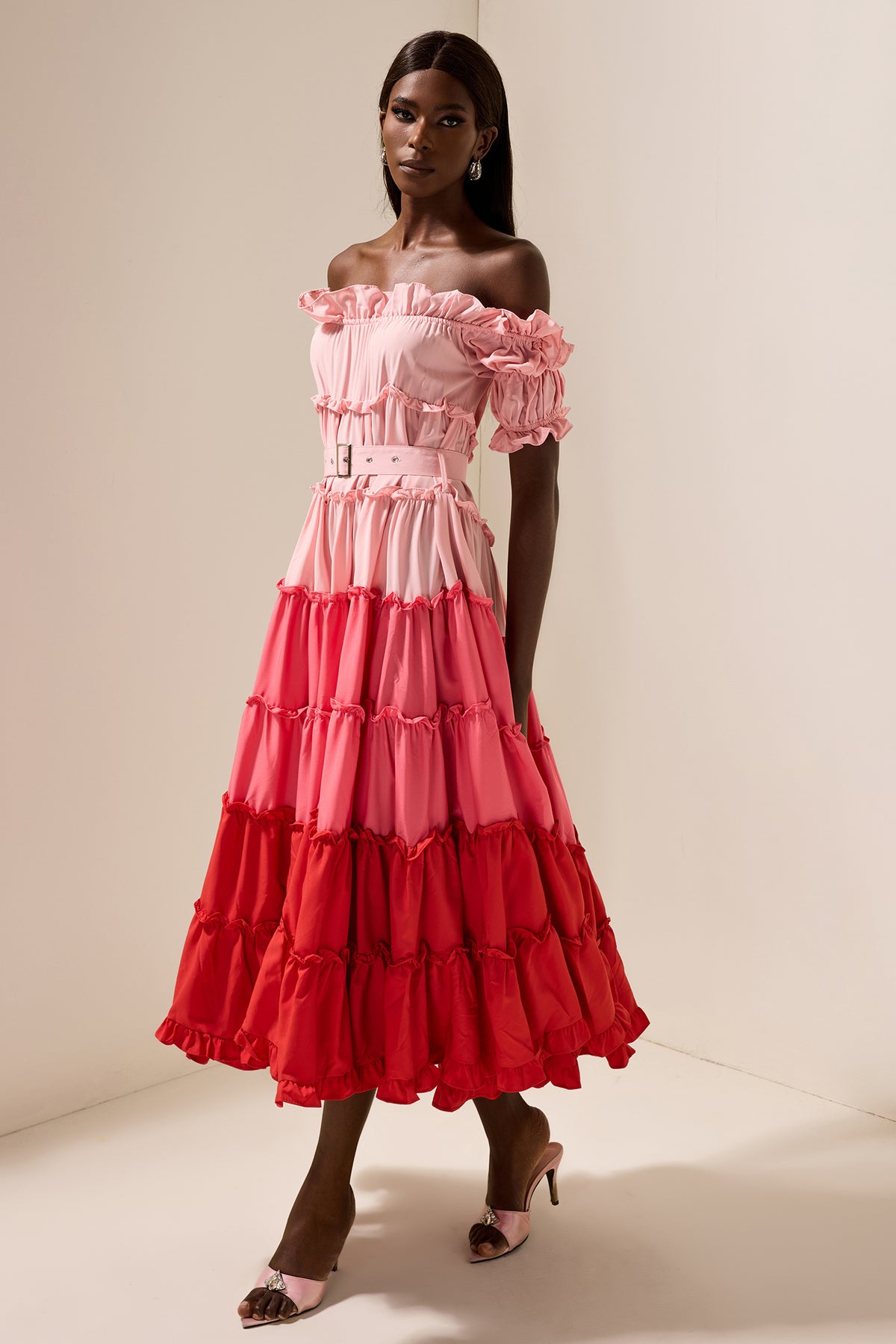 Contrast Color Off-Shoulder Frill Midi Dress