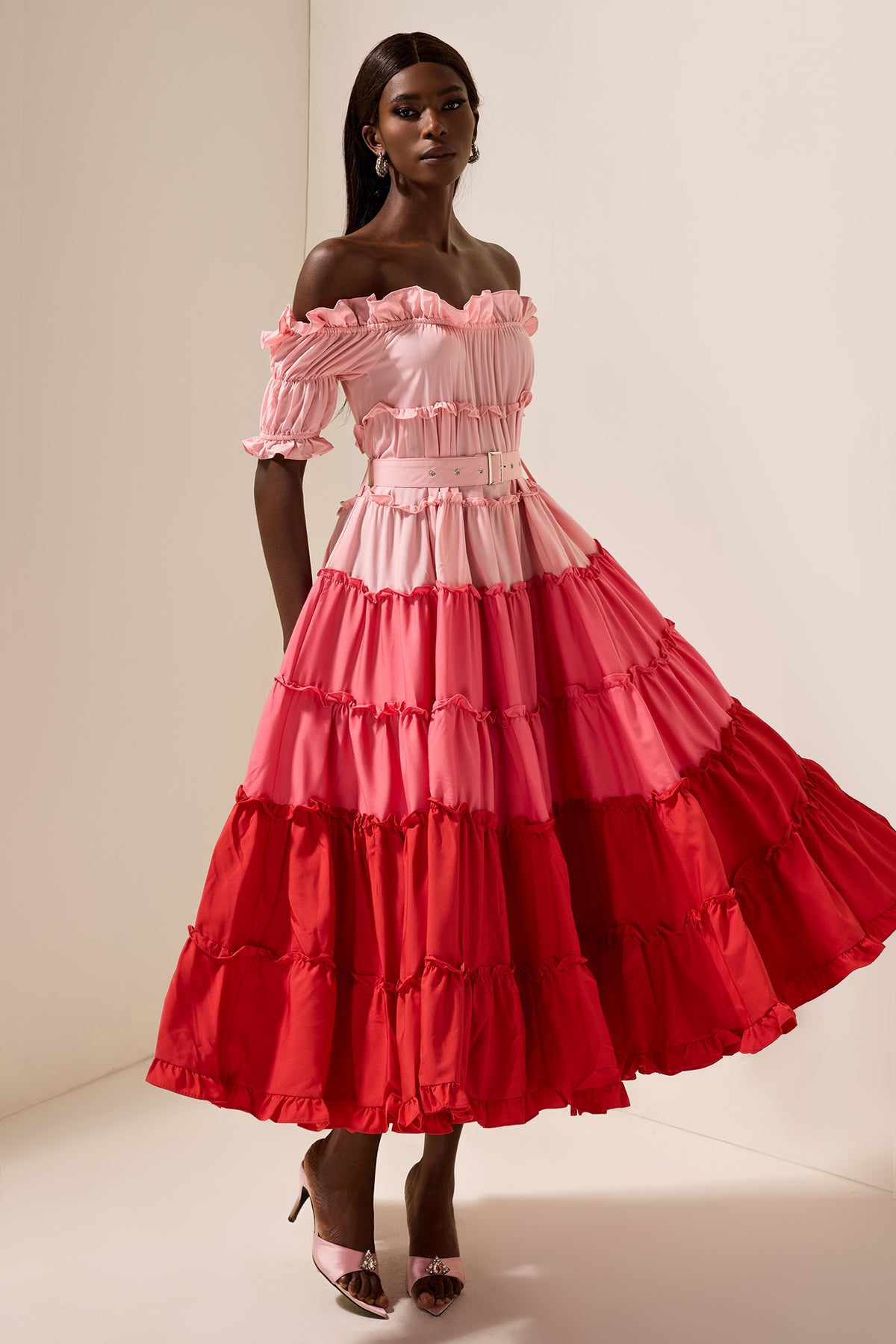Contrast Color Off-Shoulder Frill Midi Dress